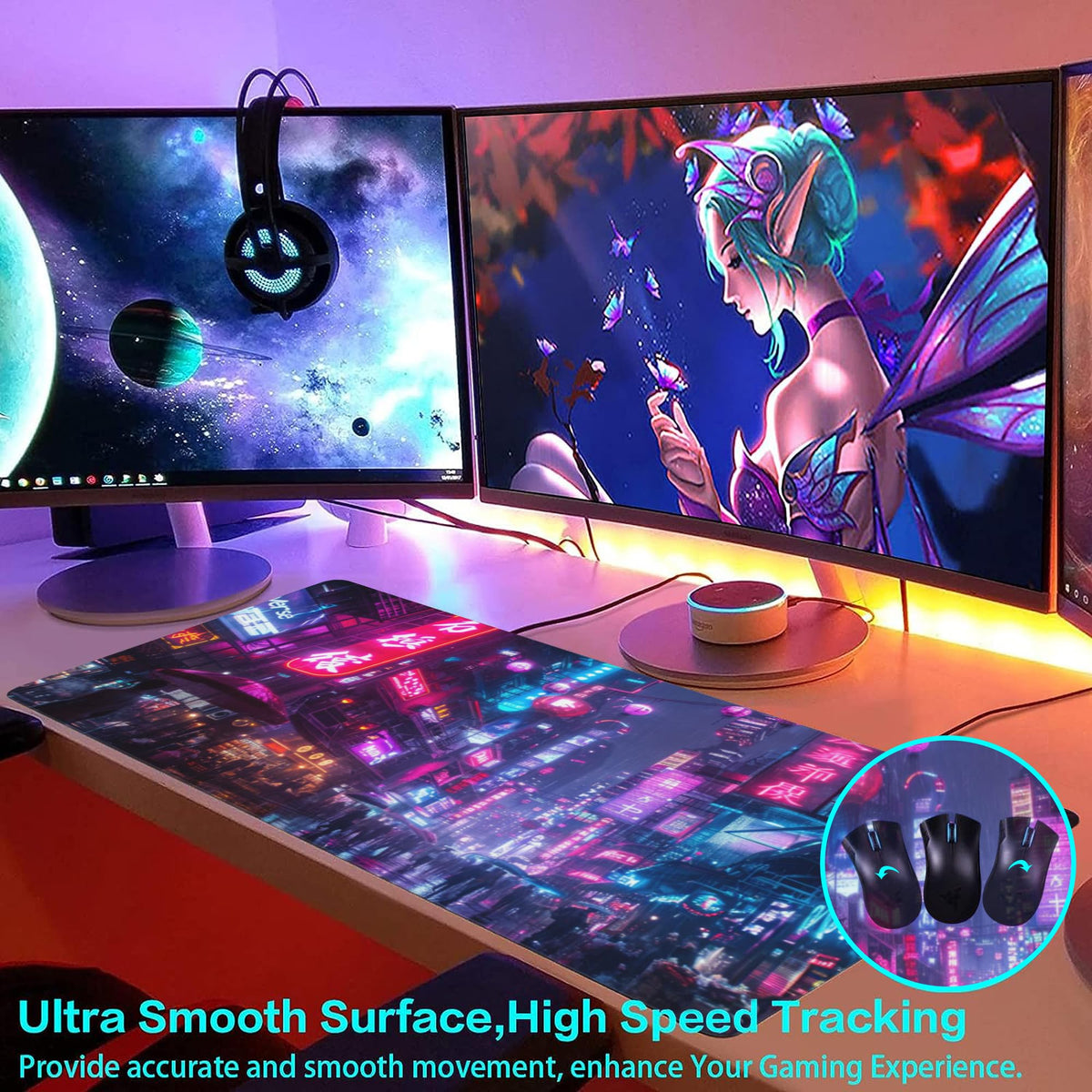 Desk Mat,Cyberpunk Neon City Large Gaming Mouse Pad for Desk XXL,Futuristic Night Street Desk