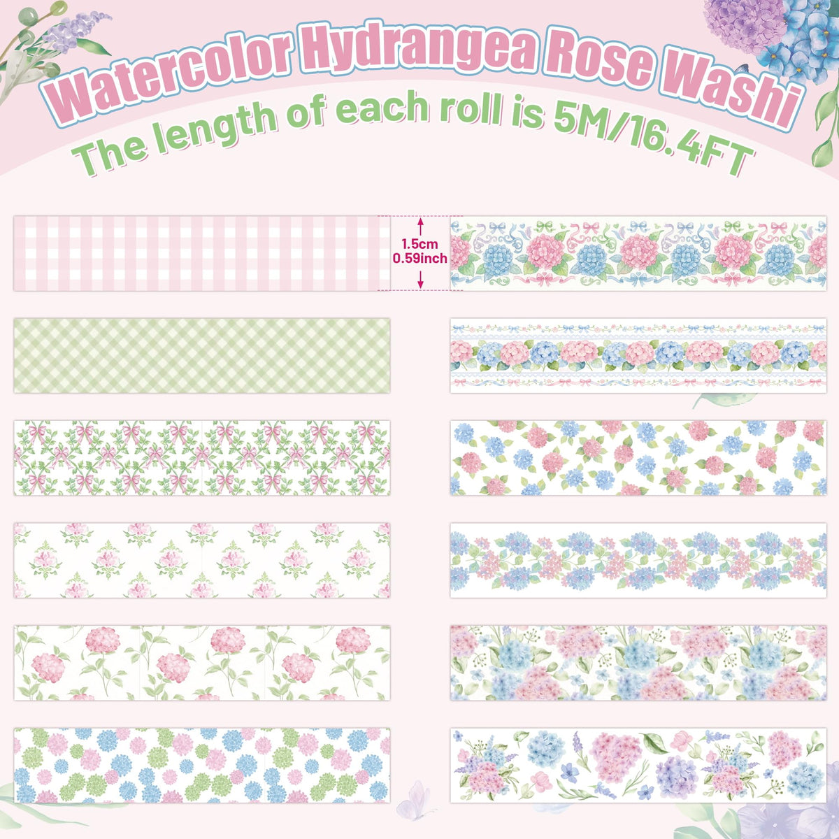 BkeeCten 12 Rolls Vintage Hydrangea Washi Tape for Journaling Scrapbooking