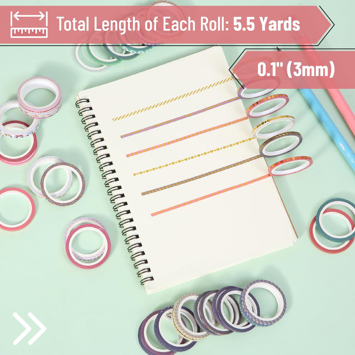 Mr. Pen- Skinny Washi Tape Set, 48 Rolls, Gold Foil Print, 3mm Wide