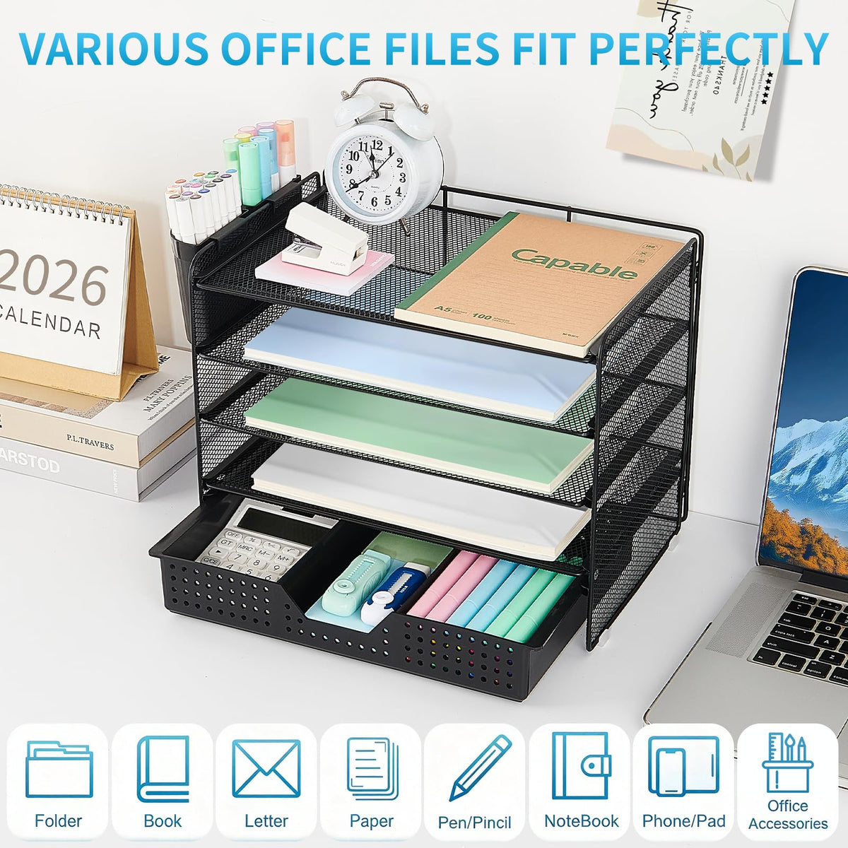 LEKETREE Desk Organizer and Accessories, 5-Tier Paper Letter Tray Organizer with Drawer & 2 Pen