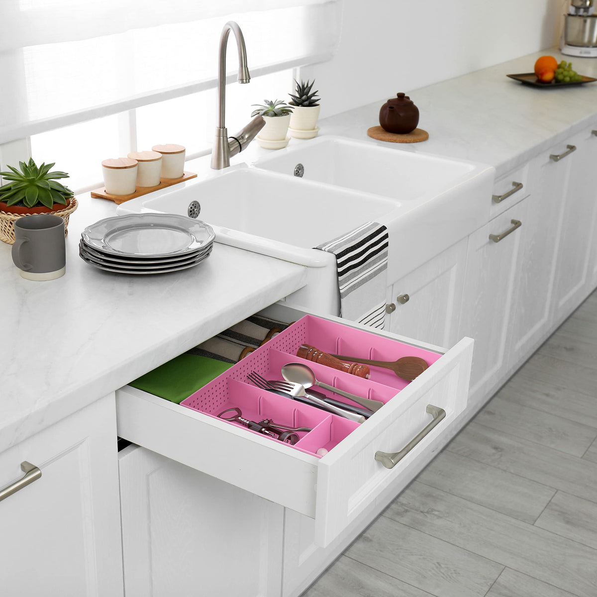Simple Houseware Drawer Organizer Tray, 9 Adjustable Compartments, Pink
