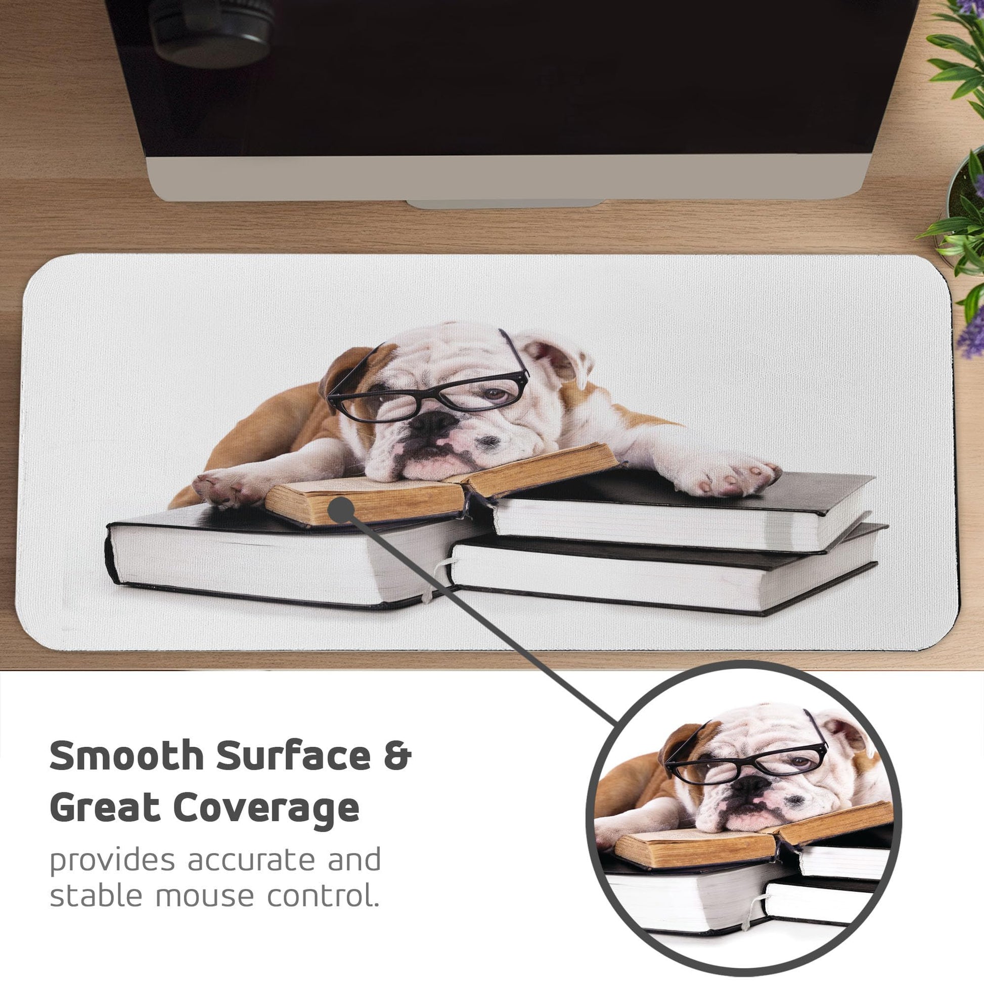 Ambesonne English Bulldog Computer Mouse Pad, Pure Breed Bulldog with Glasses and Books Hardworking