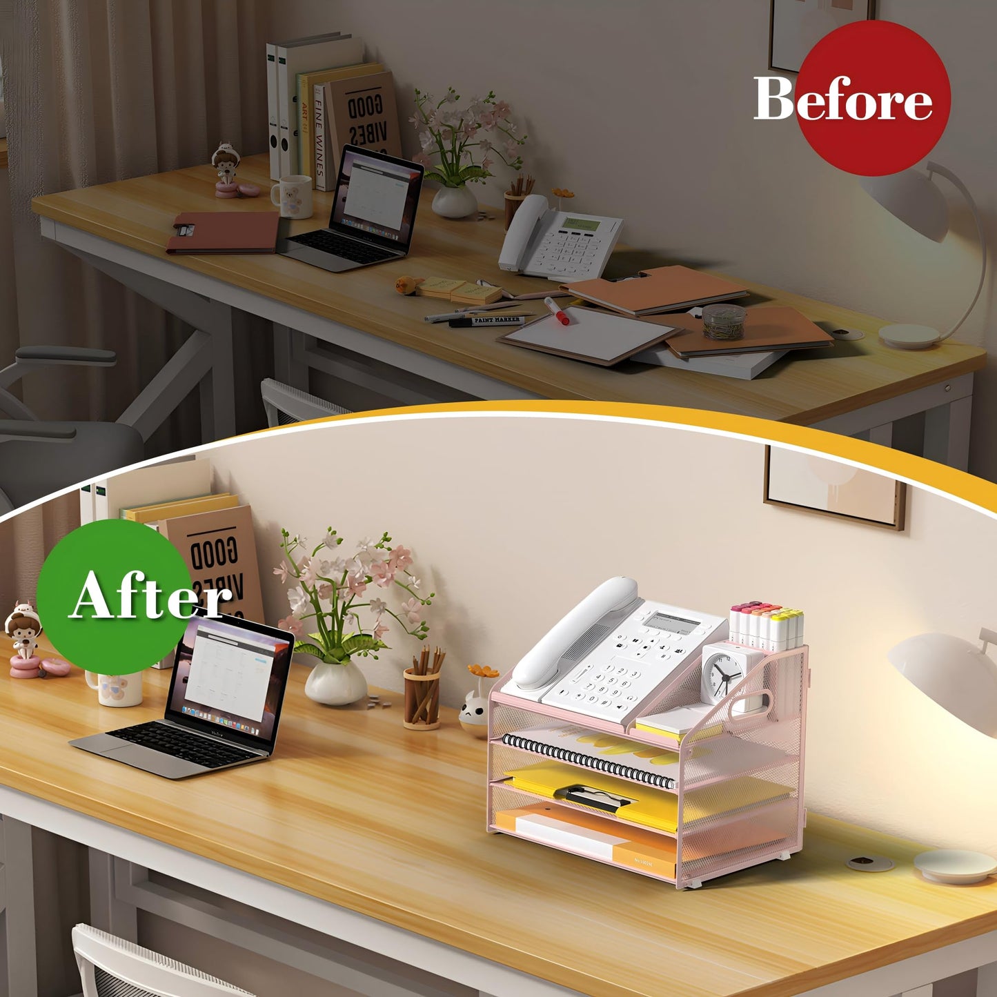 OrgMate 4 Tier Mesh Desk Organizer with Pen Holder and Handle Letter Tray