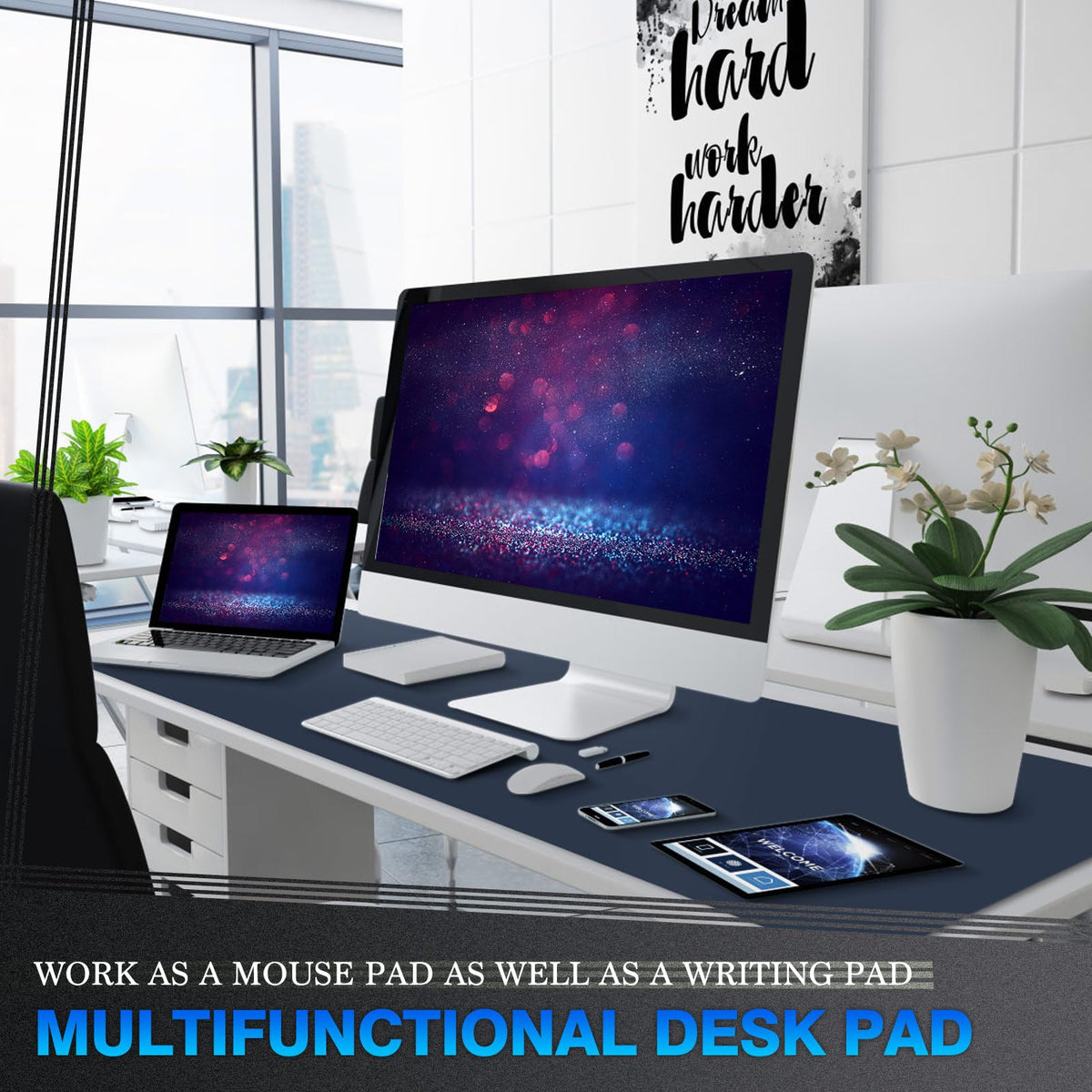 K KNODEL Extra Large Desk Mat, Leather Mouse Pad (47.2"x23.6", Dark Blue)