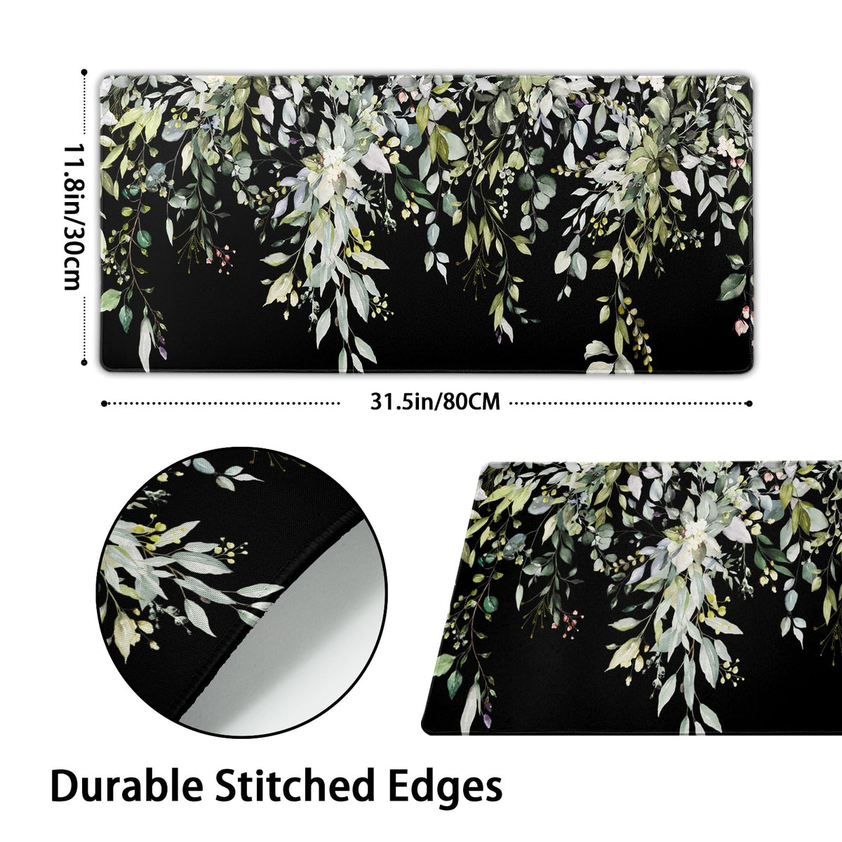 Sage Green Leaves Mouse Pad 31.5x11.8in Floral Black Gaming Mouse Pad Vintage Aesthetic Desk Pad