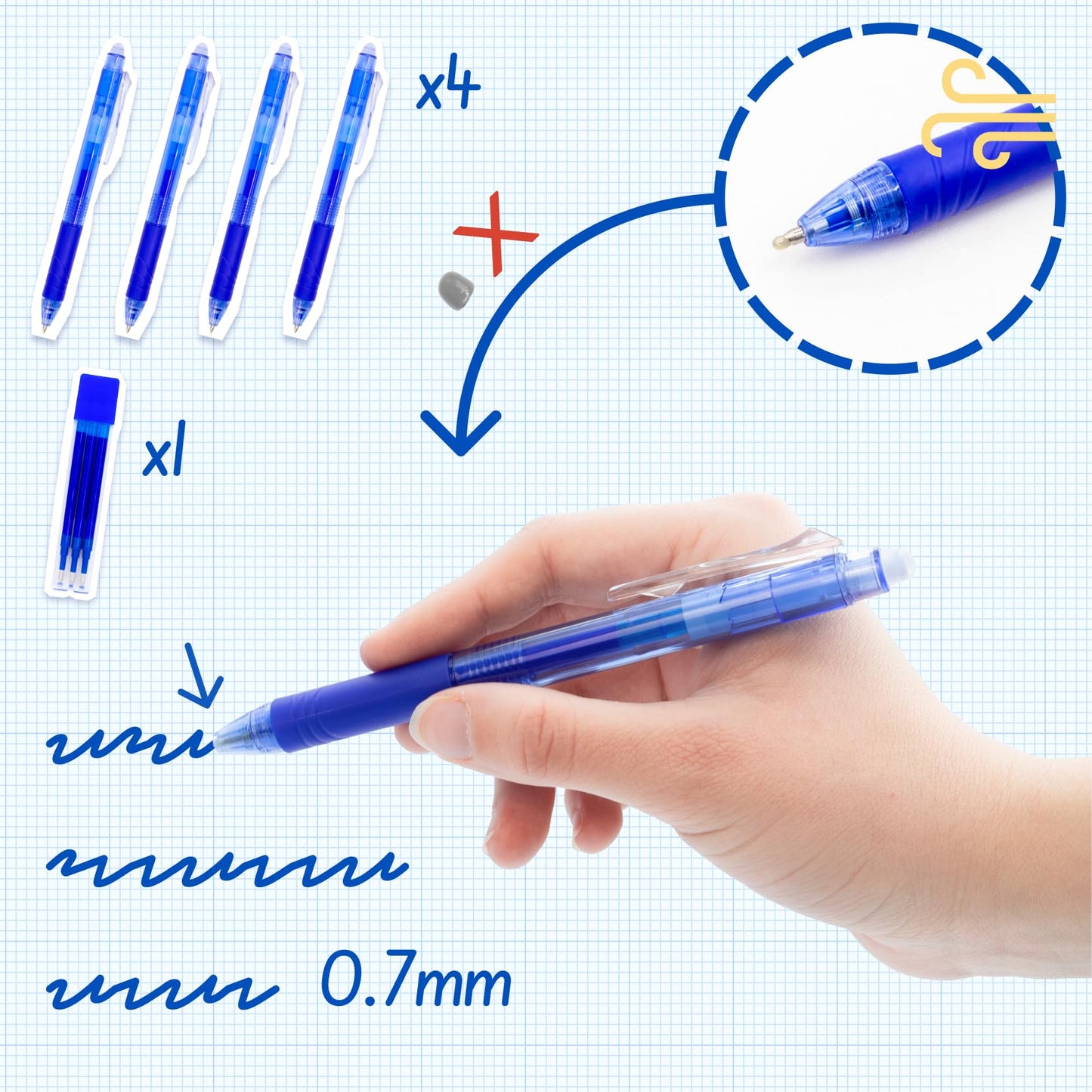 RAYLU PAPER® - Pack of 4 Retractable Erasable Pens and 3 Refills, with Hybrid Gel Ink, Blue and