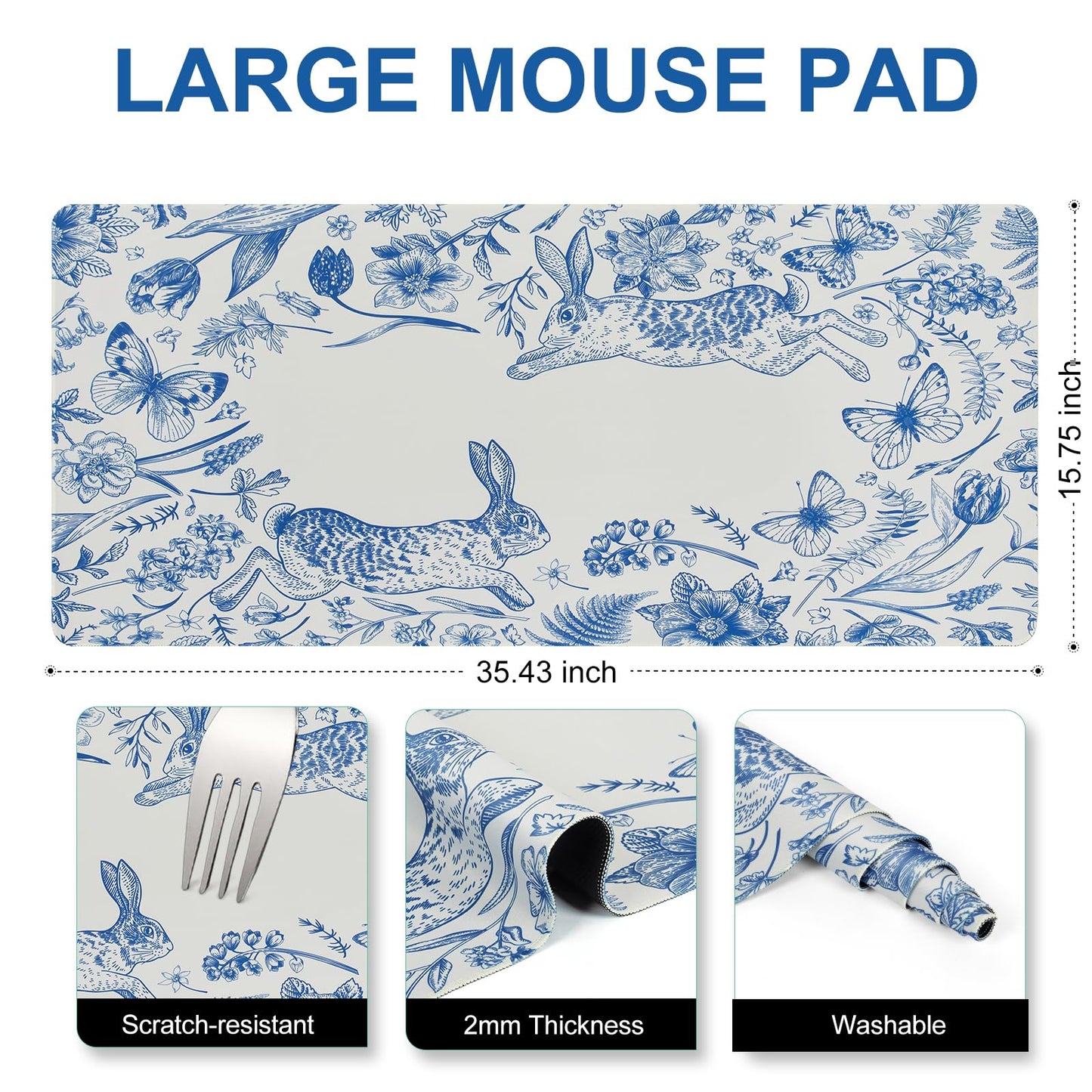 L-SPOUTTO Blue Floral Desk Mat for Keyboard and Mouse,XXL Gaming Mouse Pad