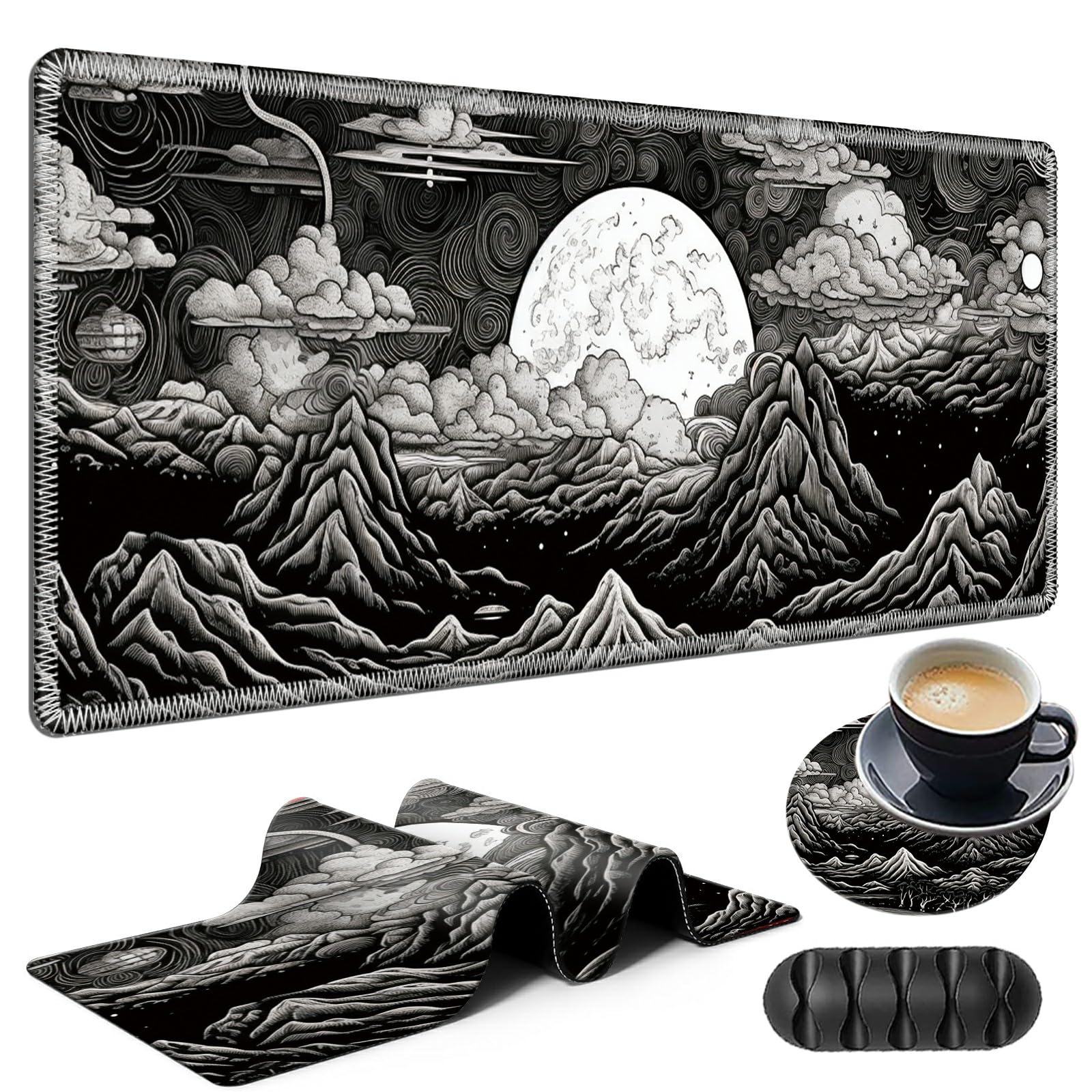 Large Gaming Mouse Pad Plus a Coasters + Cable Clips, White Black Landscape Extended Mousepad (31.5