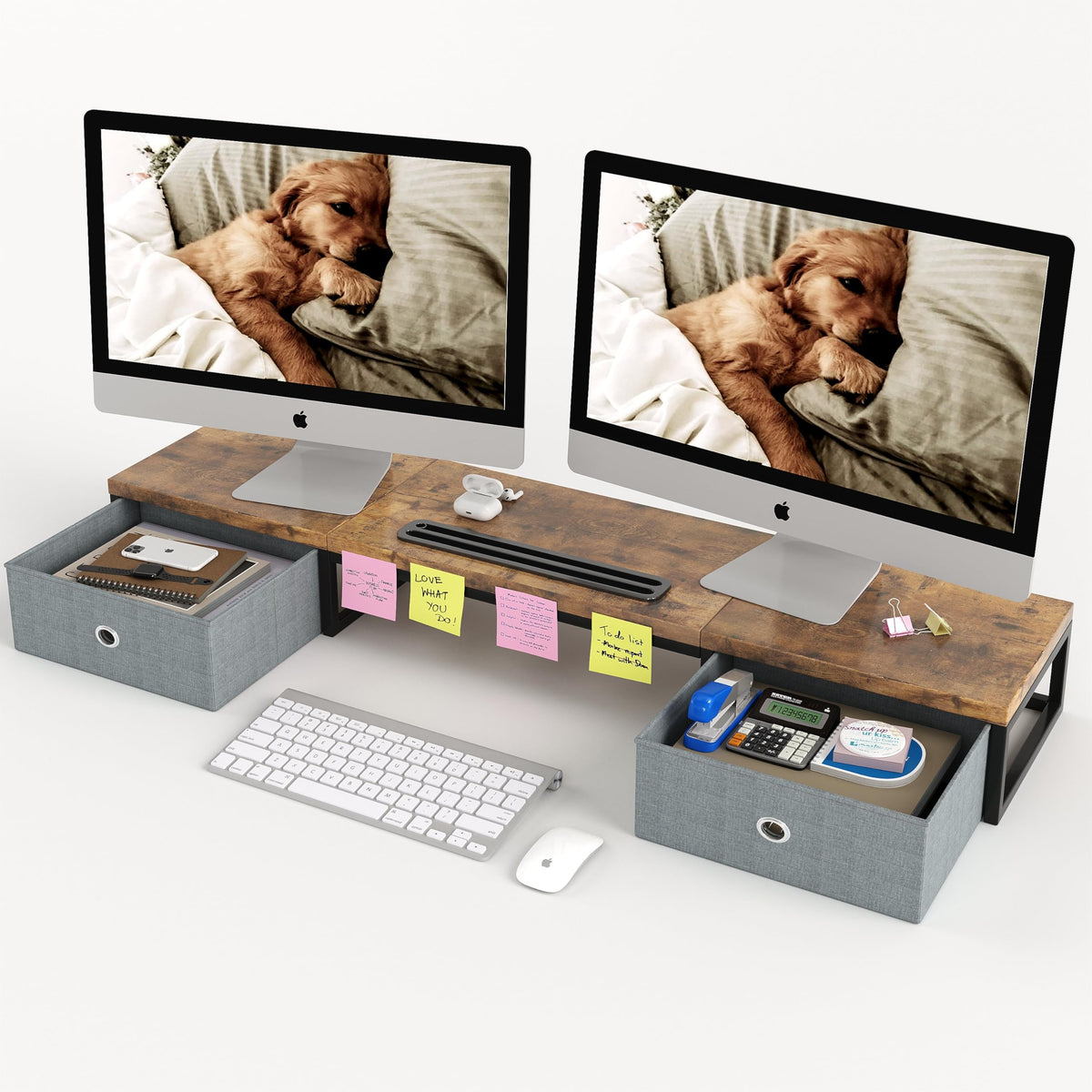 39 Inch Dual Monitor Stand Riser with 2 Drawers - Large Brown Wooden Computer Stand for 2 Monitors