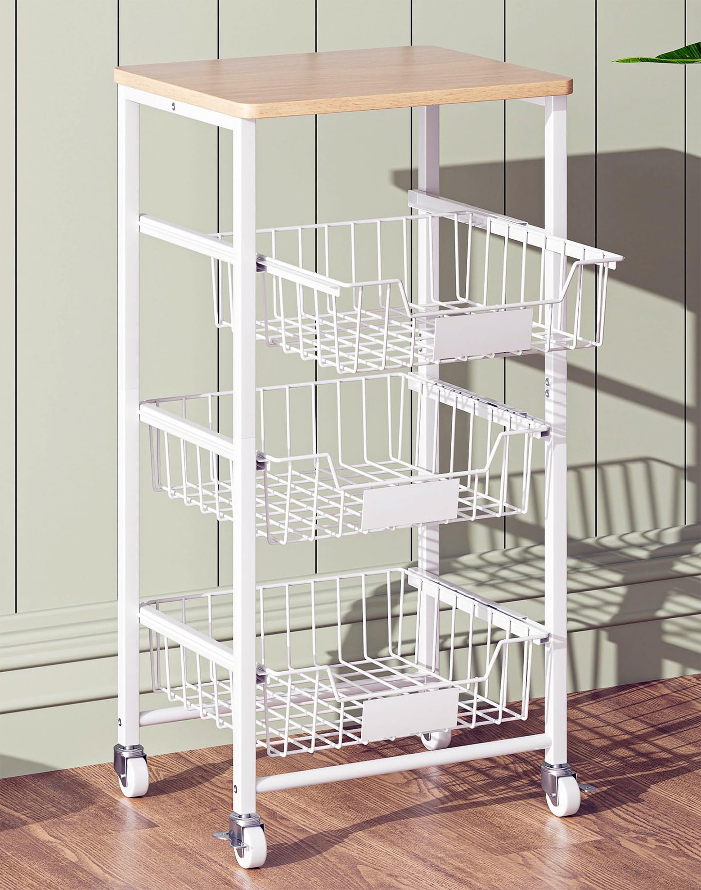 OKZEST 4-Tier Kitchen Storage Cart with 3 Upgraded Drawer Basket & Wood Top