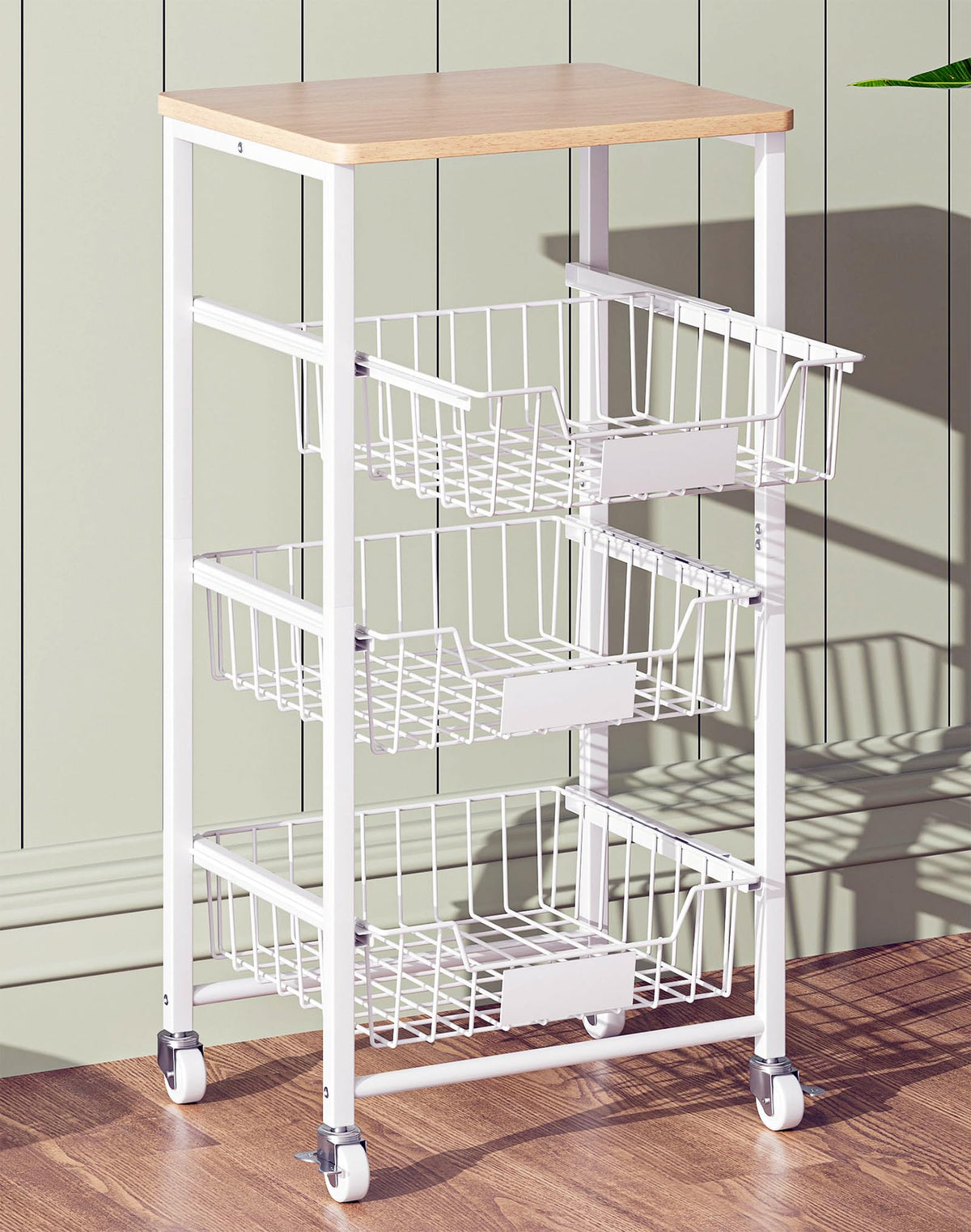 OKZEST 4-Tier Kitchen Storage Cart with 3 Upgraded Drawer Basket & Wood Top
