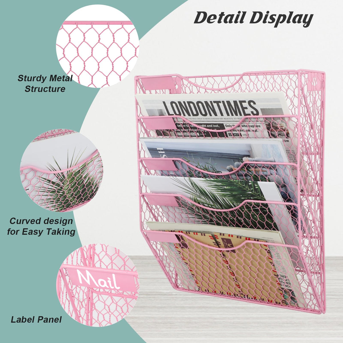 EASEPRES Mail Organizer Wall Mount Hanging File Holder Storage, Metal Chicken Wire Magazine Rack 5