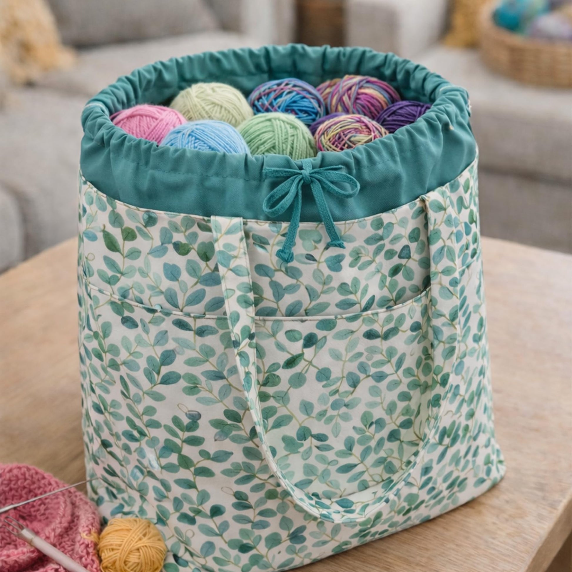 Hobby Gift Drawstring Project Bag Cotton Storage Tote for Yarn Knitting Crochet Sewing and Craft
