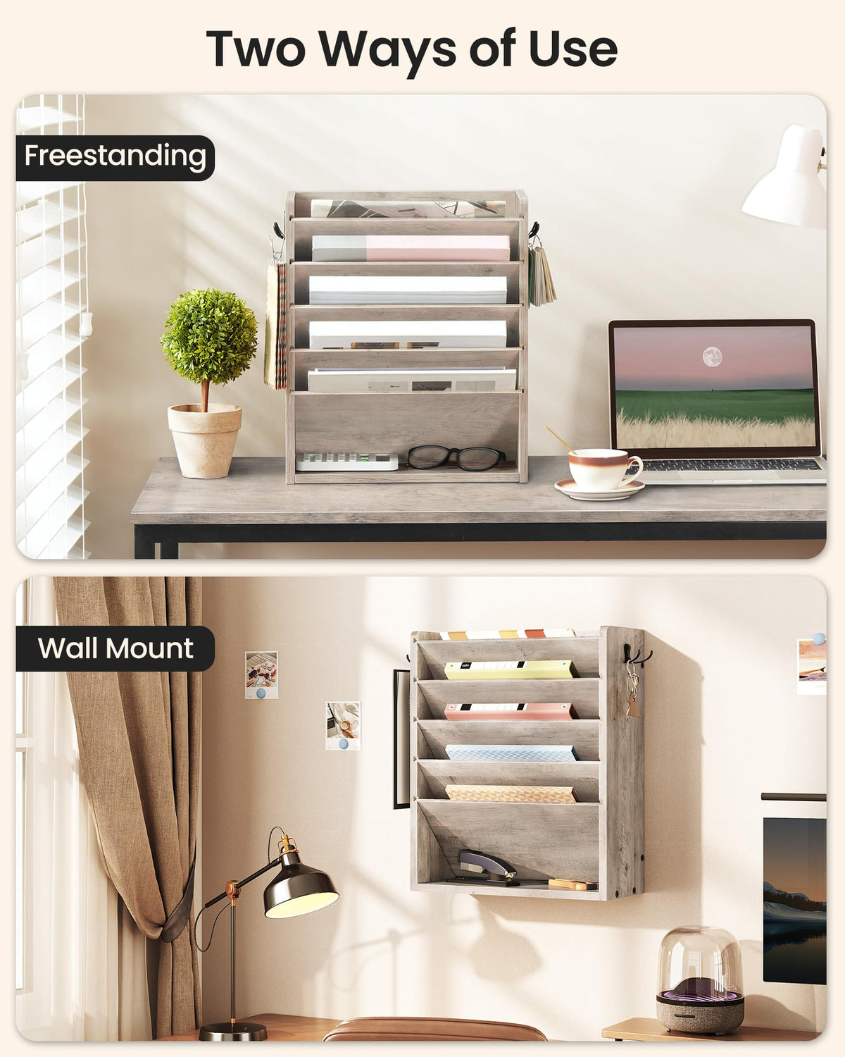 CHOEZON Wall File Organizer, 6-Tier Vertical Mount Hanging Holder with 2 Side Hooks, Modern Wooden