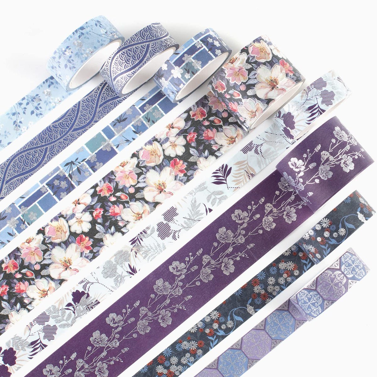 YUBX Elegance Blue Washi Tape Set 8 Rolls Wide Silver Embellishment Decorative Masking Tapes for