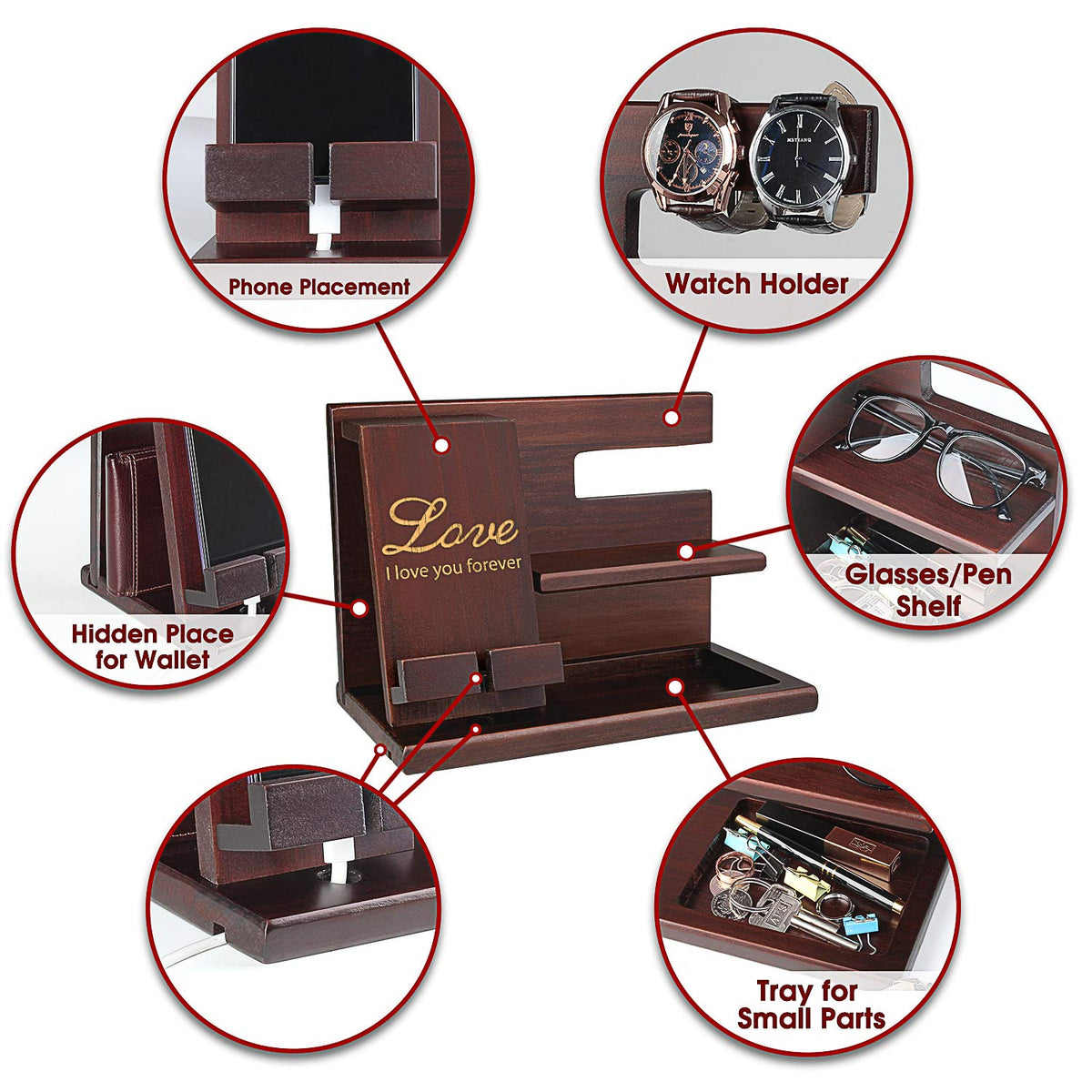 awofer Wood Phone Docking Station for Men - I Love You Forever - Personalized Anniversary Idea for