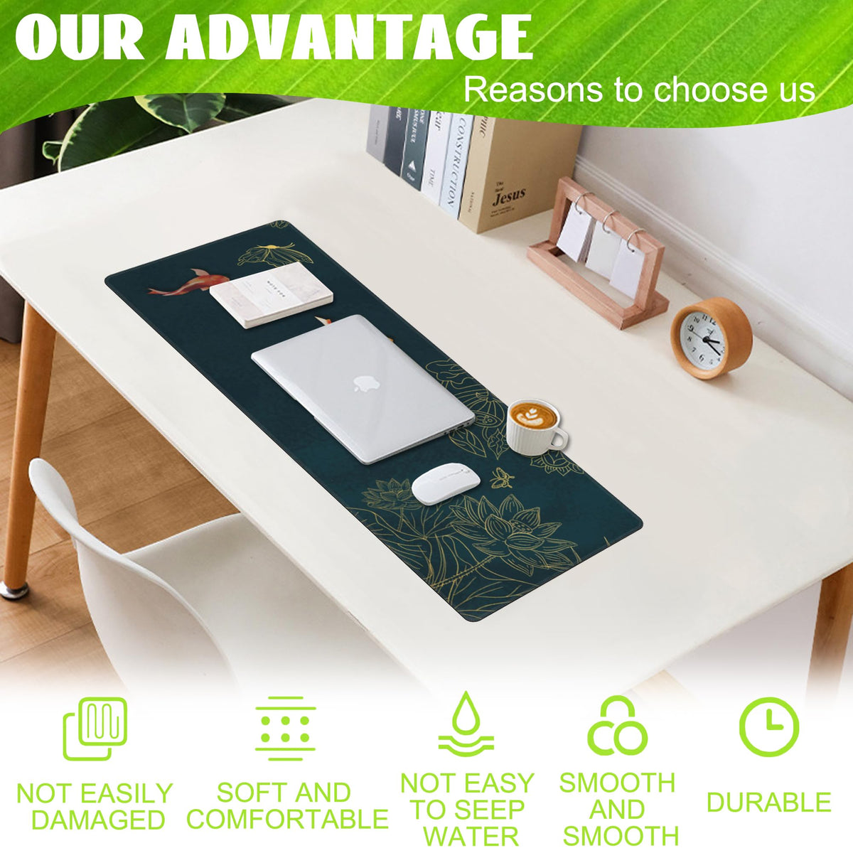 Eflxamz Large Gaming Mouse Pad, Koi Fish Ink Painting Desk Mat, Golden Line Lotus Desk Pad