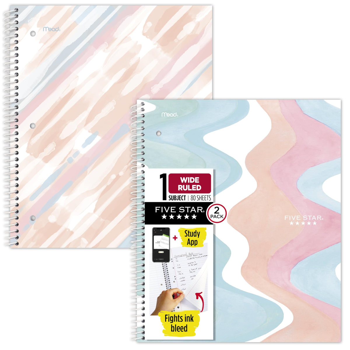 Five Star Spiral Notebook + Study App, 2 Pack, 1 Subject, Wide Ruled, 8" x 10-1/2", 80 Sheets