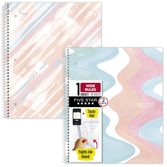 Five Star Spiral Notebook + Study App, 2 Pack, 1 Subject, Wide Ruled, 8" x 10-1/2", 80 Sheets