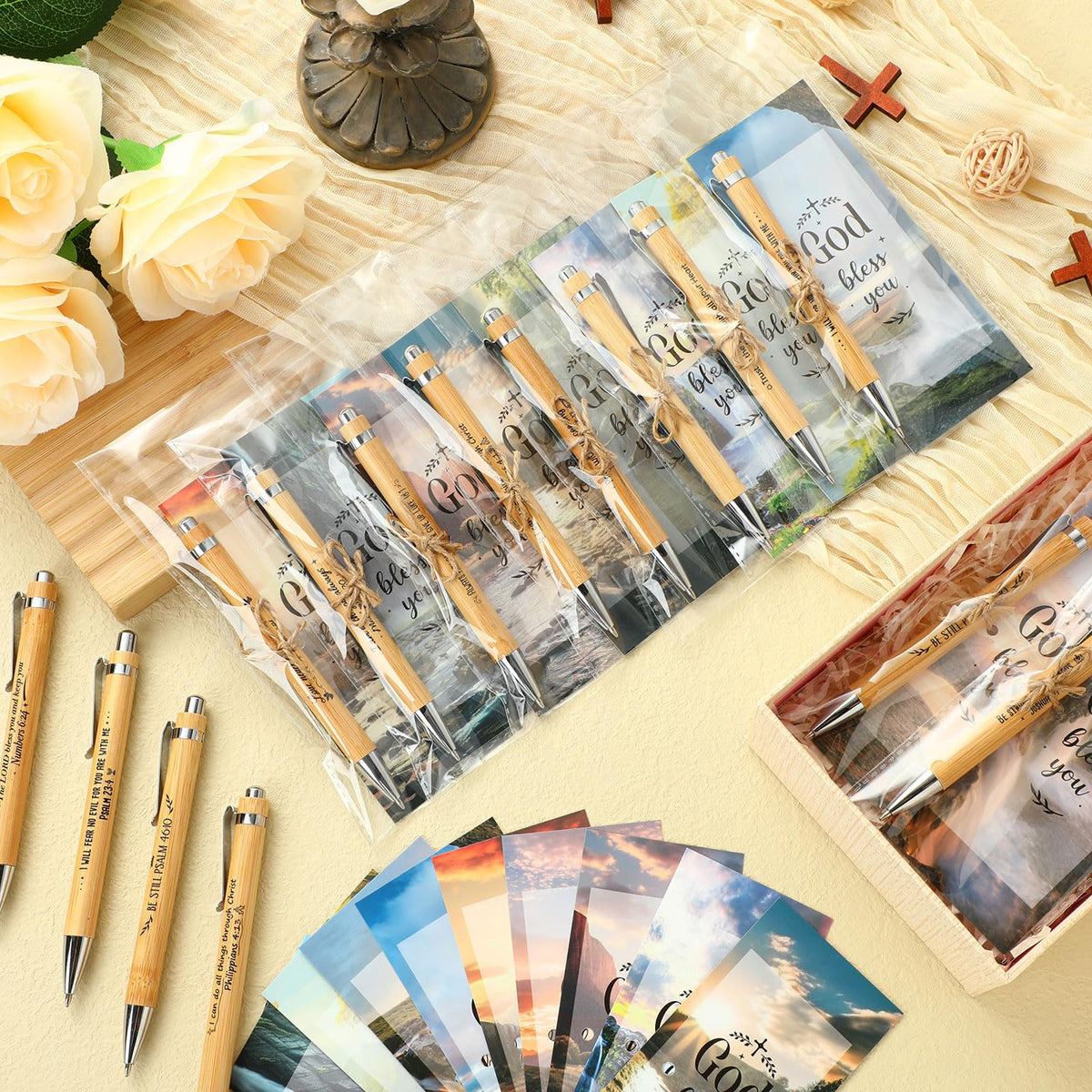 Qeeenar 50 Set Scripture Bamboo Pens Religious Gifts Black Ink,Classic