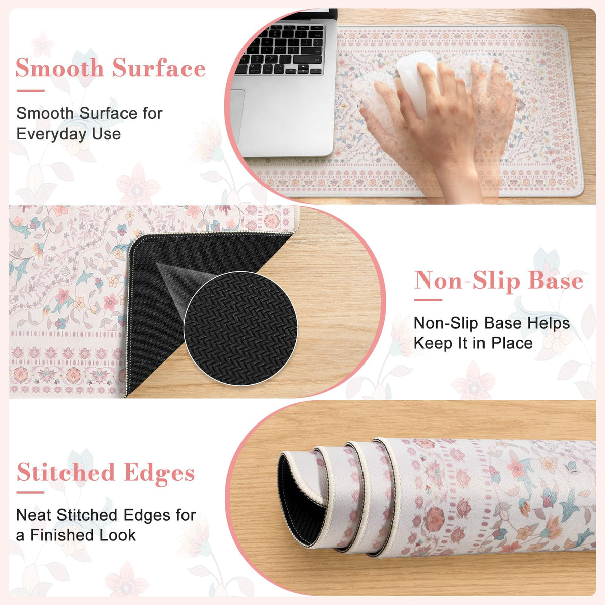 HAOCOO Light Pink Floral Mousepad, 31.5" x 11.8" Keyboard Mat for School