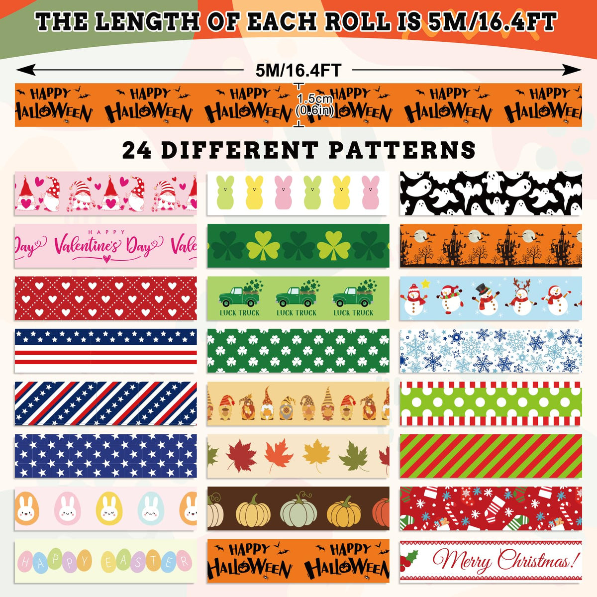 Whaline 24 Rolls Holiday Washi Tapes Easter Bunny Egg Rabbit Making Tape 15mm St Patrick's Day
