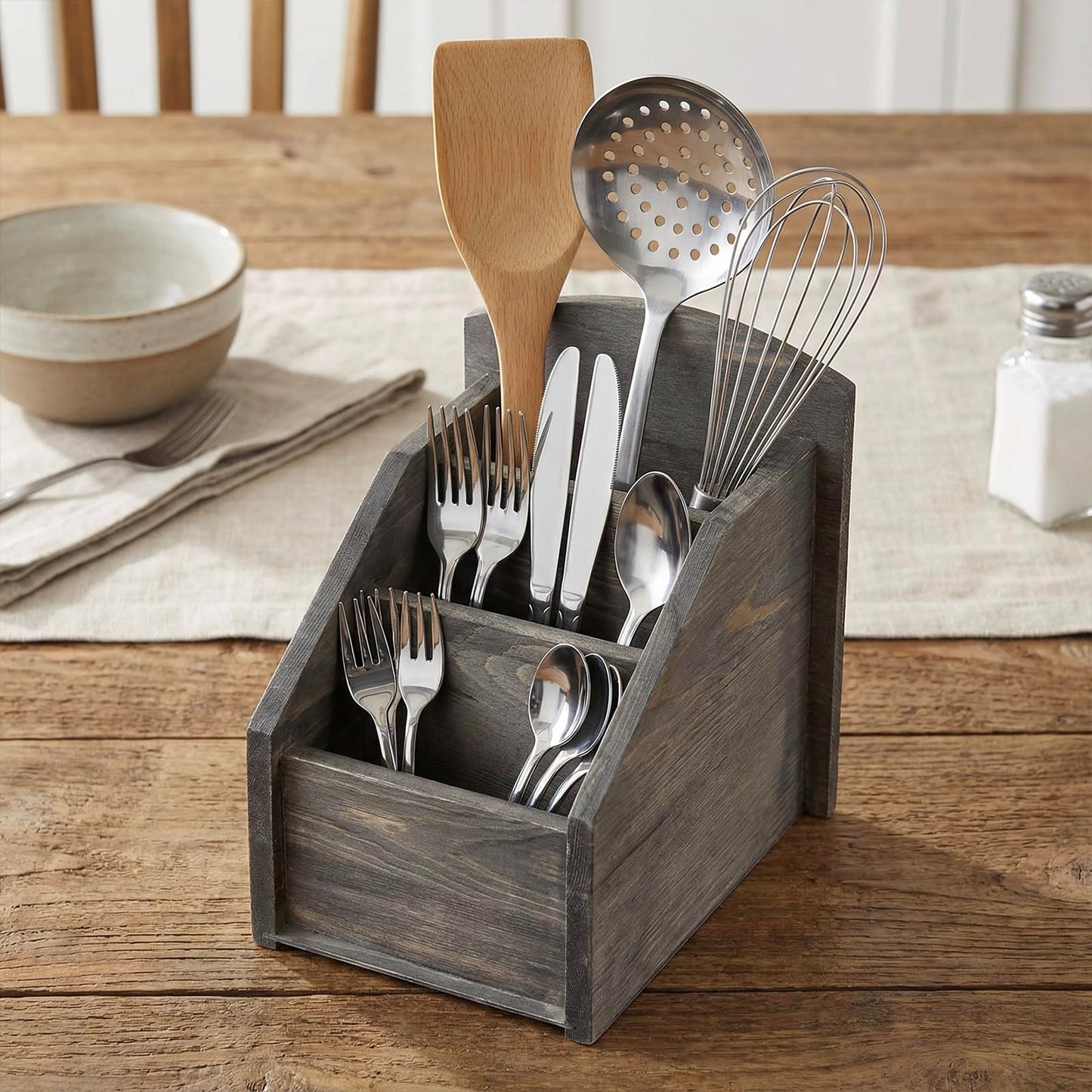 MyGift Rustic Gray Wood Remote Control Holder, 3 Compartment Caddy