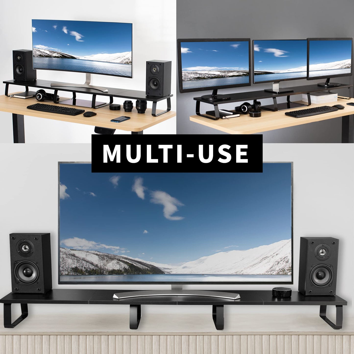 VIVO 55 inch Extra Long Monitor Stand, Wood & Steel Desktop Riser, Multi Screen, TV, Keyboard