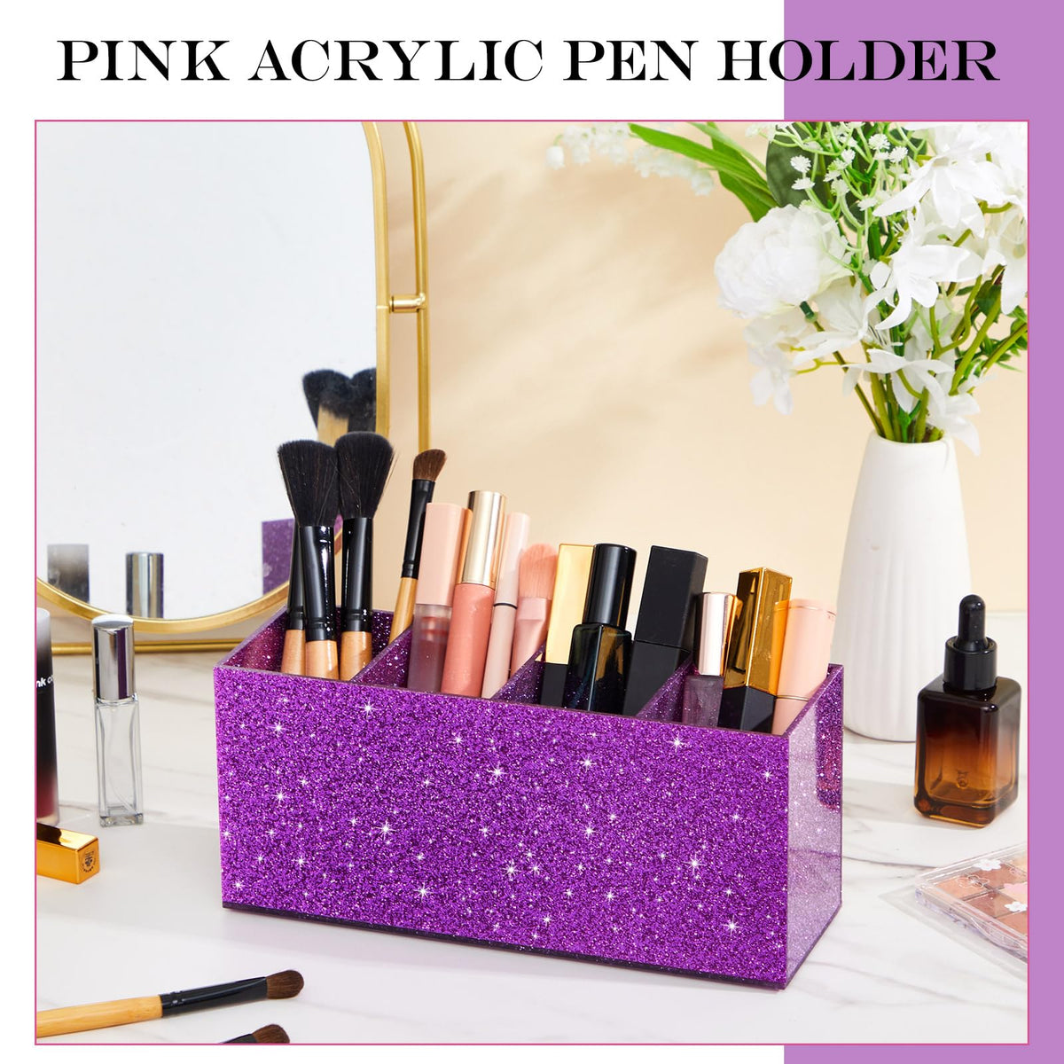 Jetec Acrylic Pen Holder for Girl Desktop, 4 Compartments, Sparkly Purple