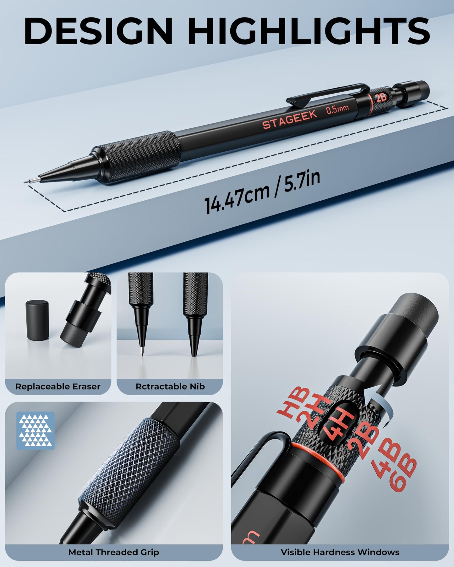 STAGEEK Black Meal Mechanical Pencil Set, 3-Pack, 0.5mm, Storage Case