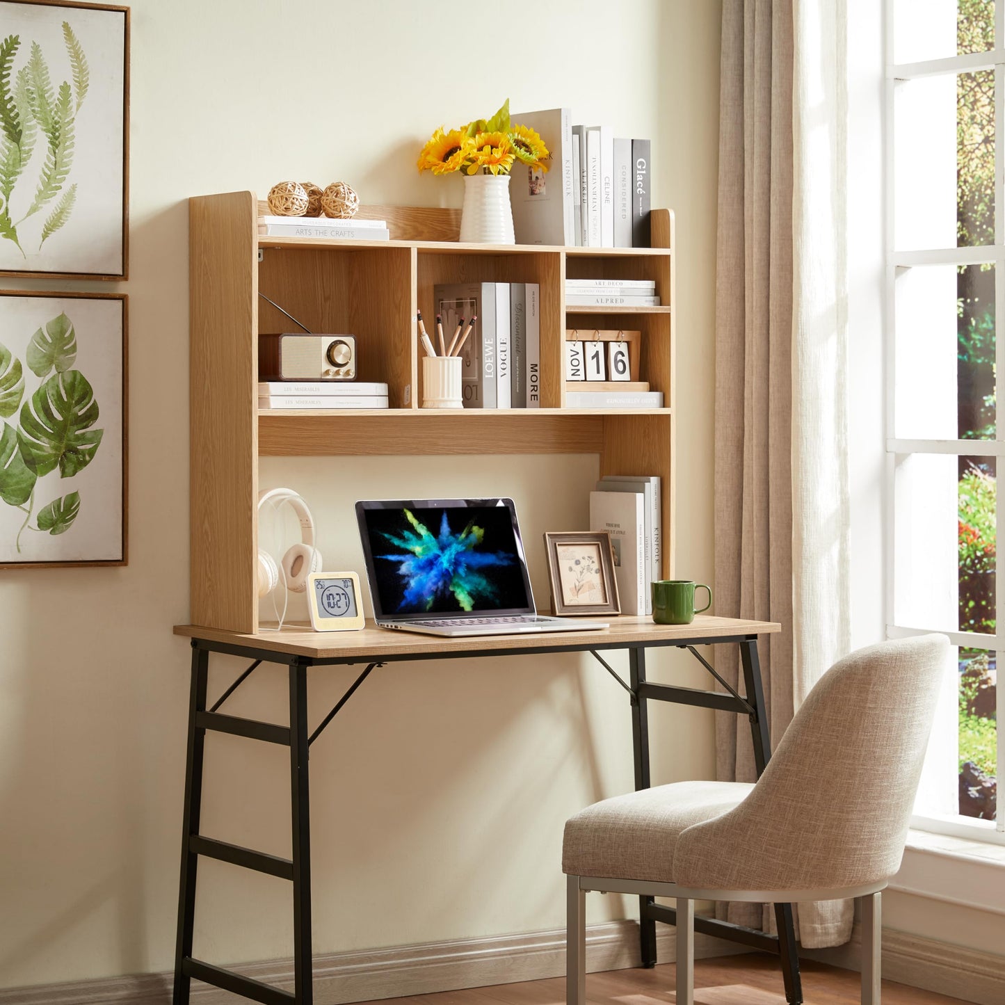 Nromant Desktop Bookshelf, Wooden Desk Storage Hutch with 6 Shelves for Computer Desk, 3-Tier