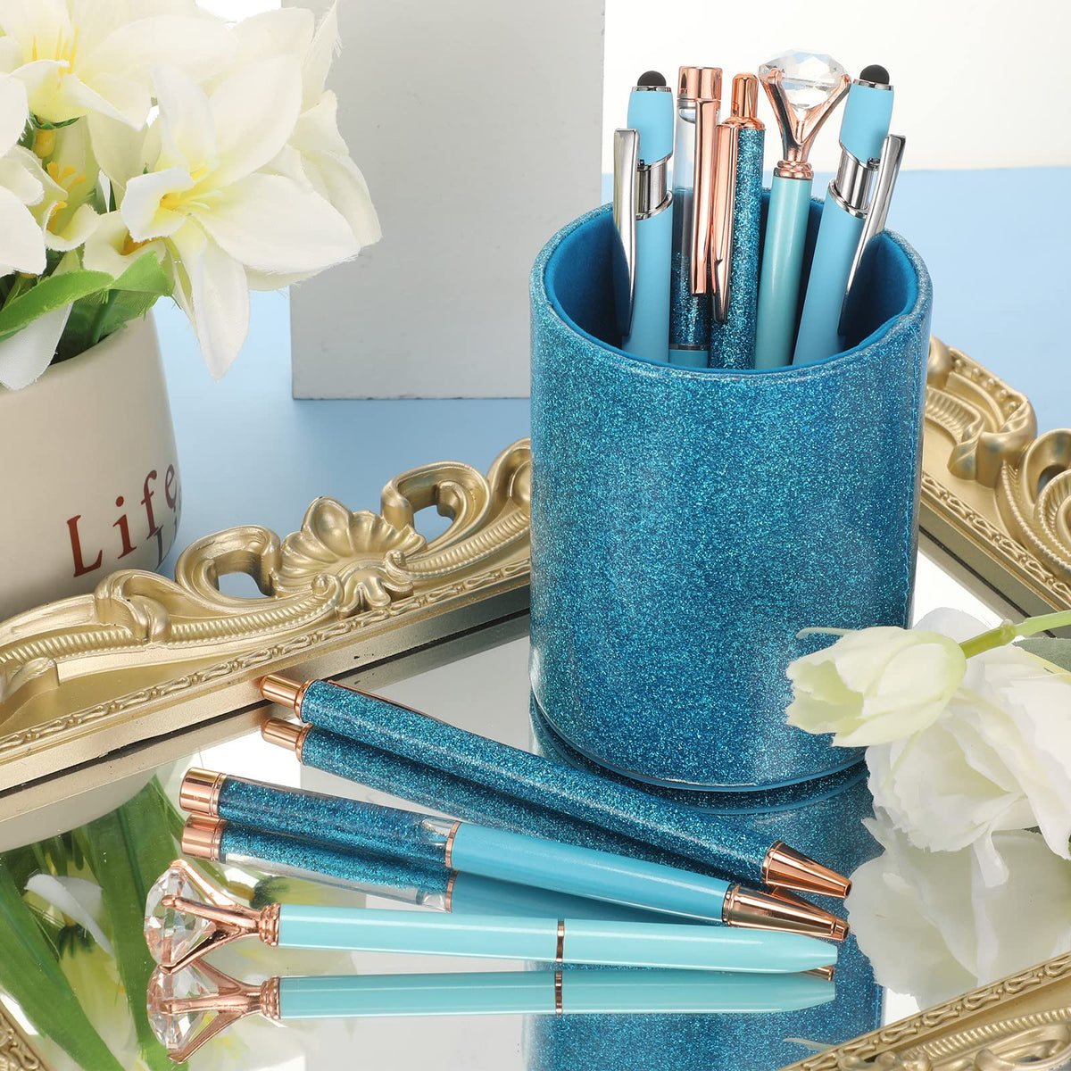 Sabary 8 Pcs Blue Diamond Pens with Glitter Desk Pen Holder for Women