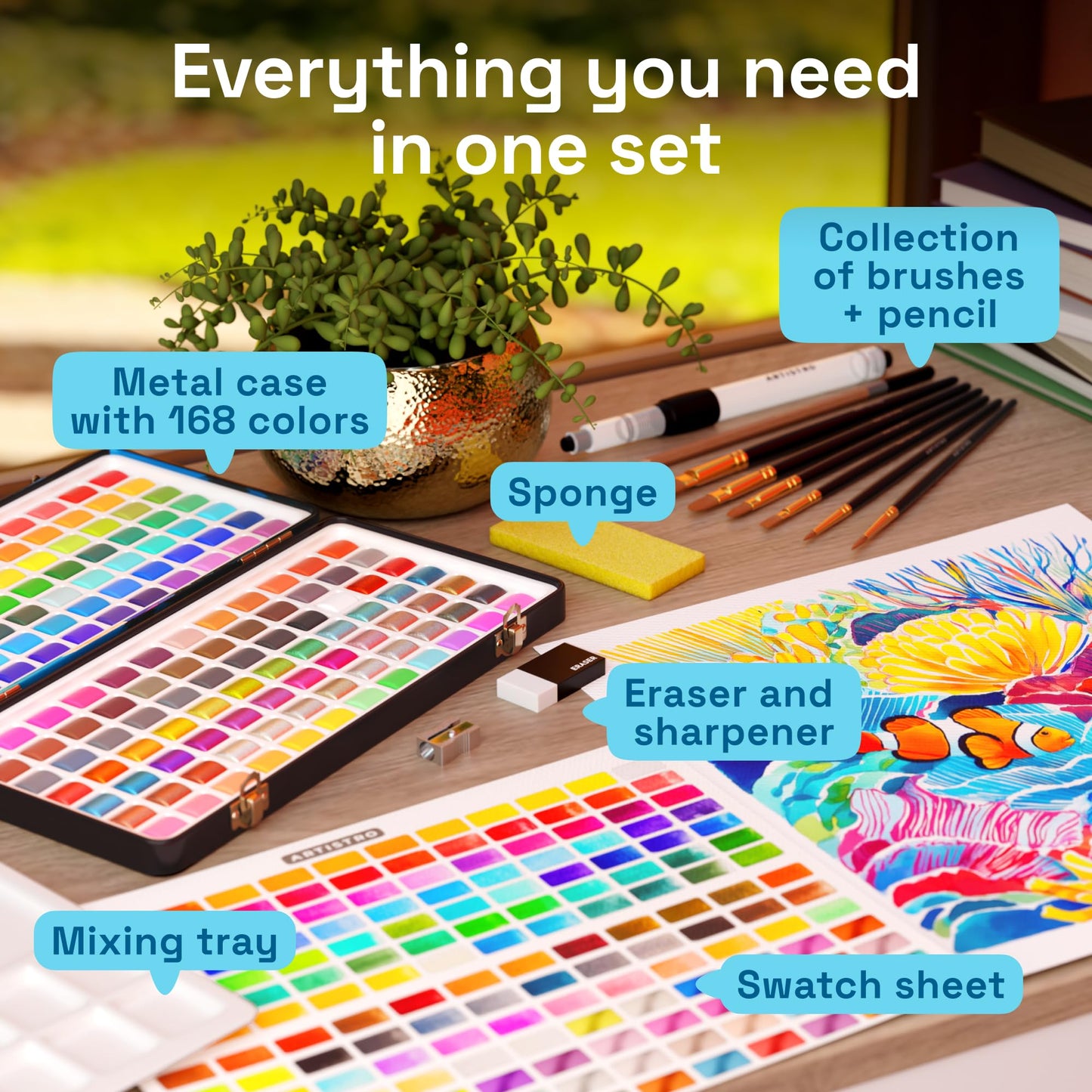 ARTISTRO Watercolor Paint Set with Palette & Brush Pens - 168 Colors