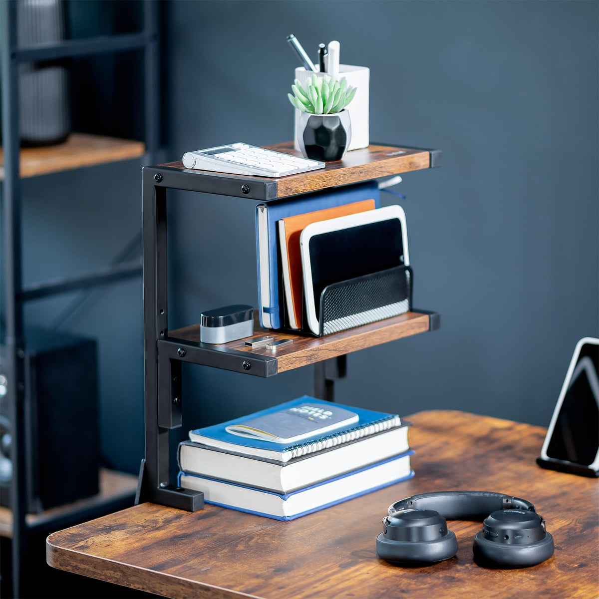 VIVO Vintage Brown Clamp-on 13 inch 2-Tier Desk Shelf, STAND-SHELF2C-N