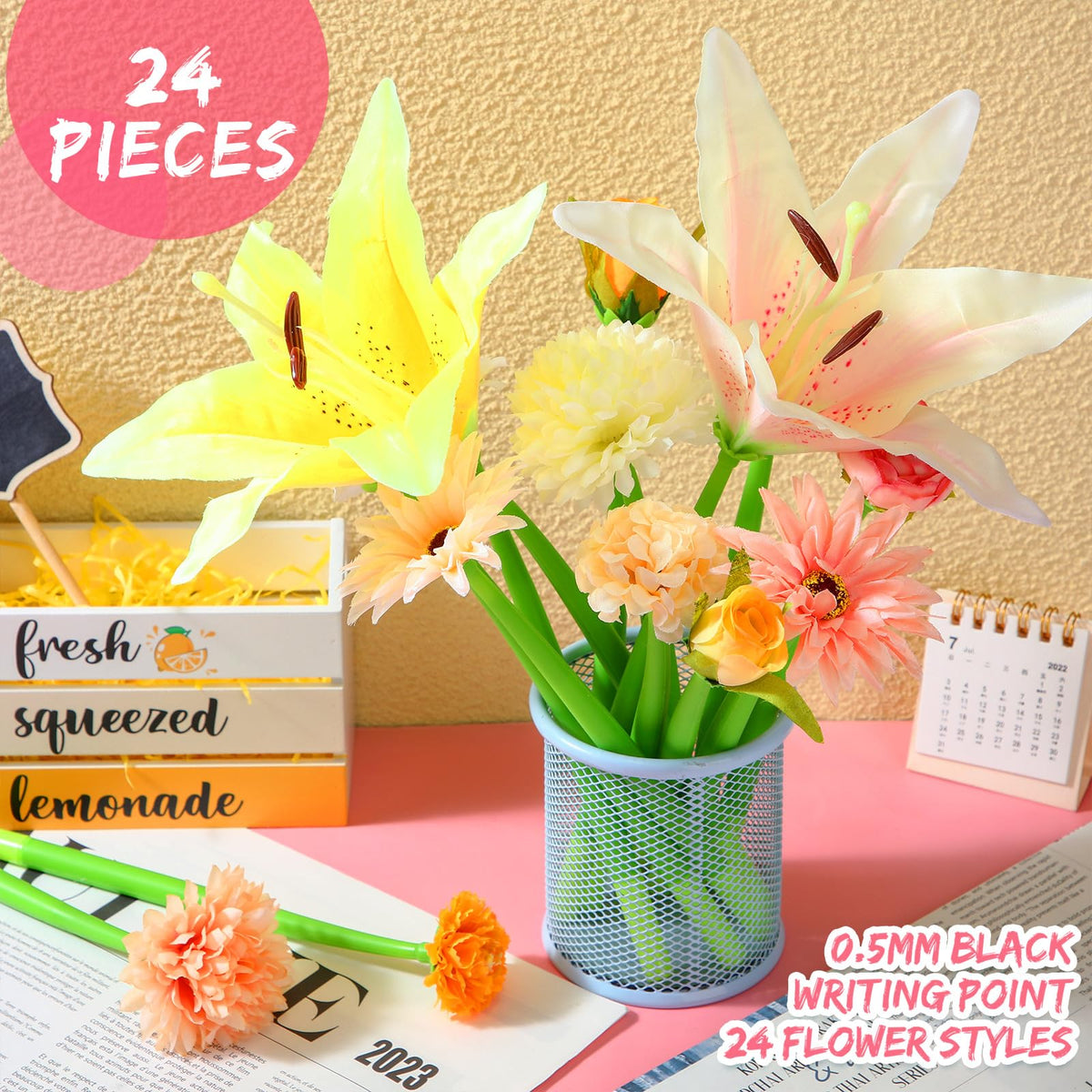 BBTO 24 Pcs First Day Flower Pen Ballpoint with Flower Top, Fresh