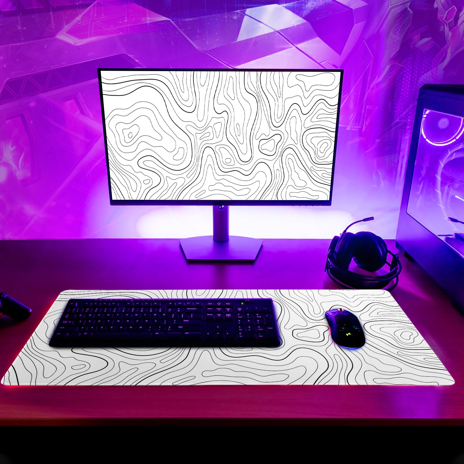 Topographic Contour White Gaming Mouse Pad XL Geographic Map Lines Extended Big Large Desk Mat