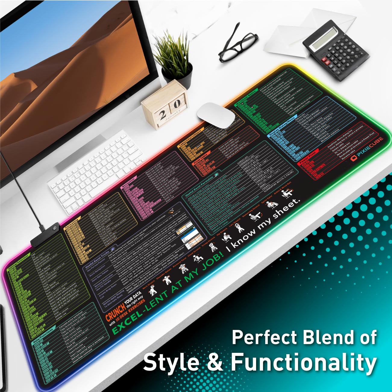 Excel Cheat Sheet LED Desk Pad | Excel Shortcut Keys Mouse Pad - Colorful RGB Luminous Extended
