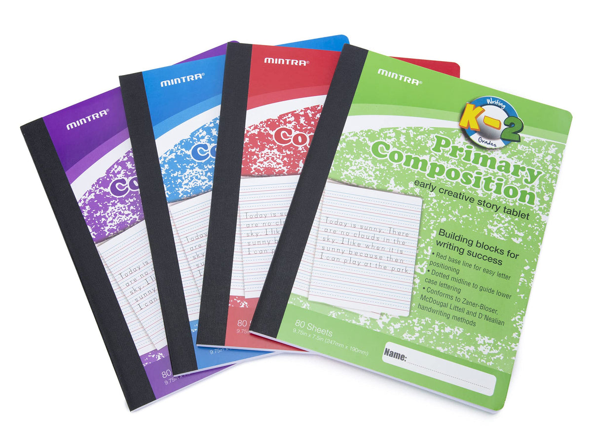 Mintra Primary Composition Notebook, 4 Pack, Assorted Colors 80 Sheets, 7.5in x 9.75in, Full Sheet