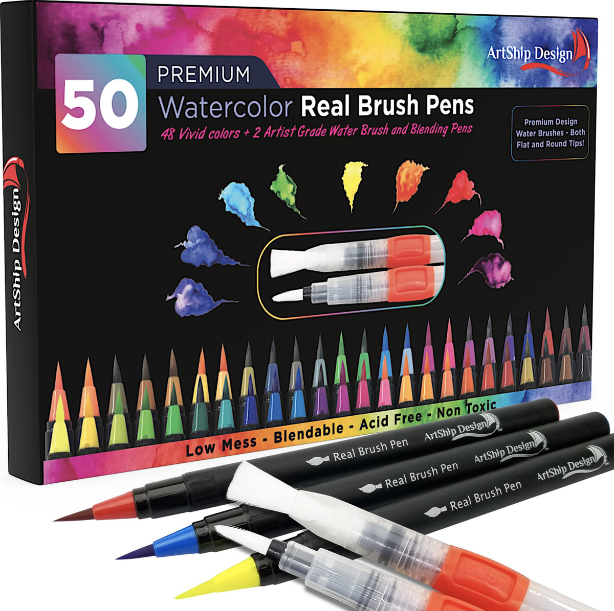 50 Bonus Pack Watercolor Brush Pens Combo Pack, 48 Colors 2 Water Brushes, Flexible Real Nylon