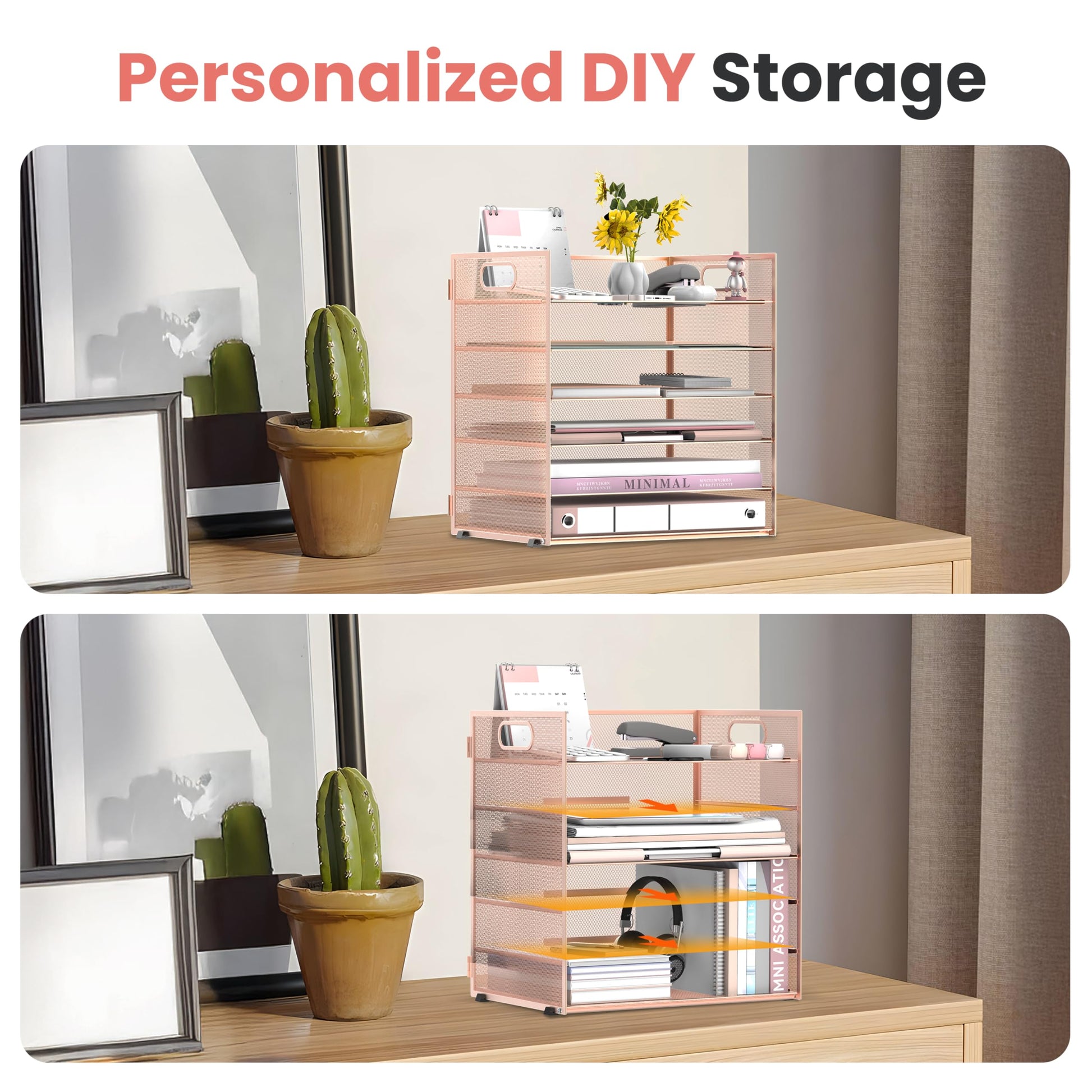 Daltack 6-Tier Paper Organizer for Desk with Handle, Rose Gold, 2 Pack