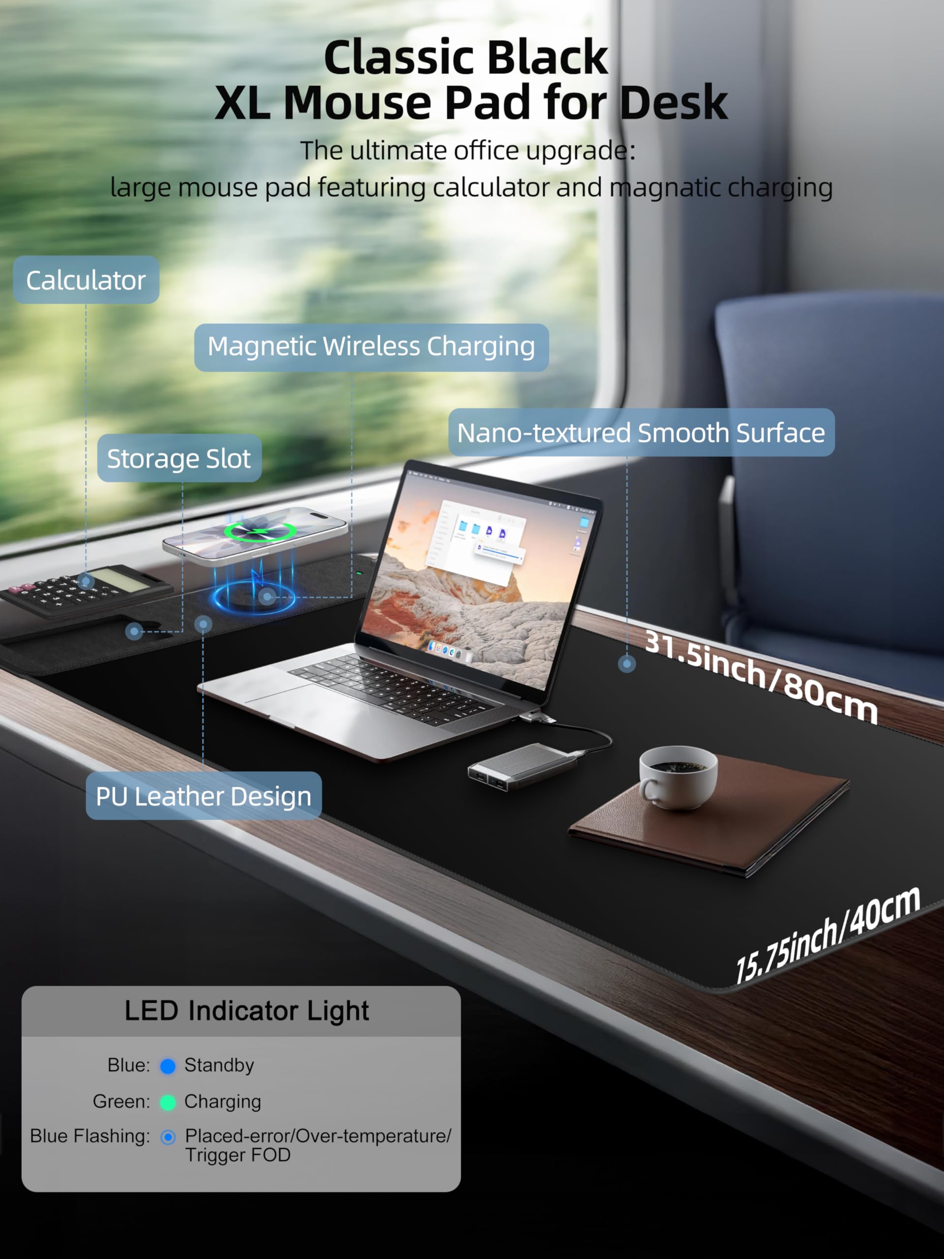 Mouse Pad 31.5x15.75 Inch with Calculator, 15W Magnetic Wireless Charging Desk Mat, XXL Desk Pad