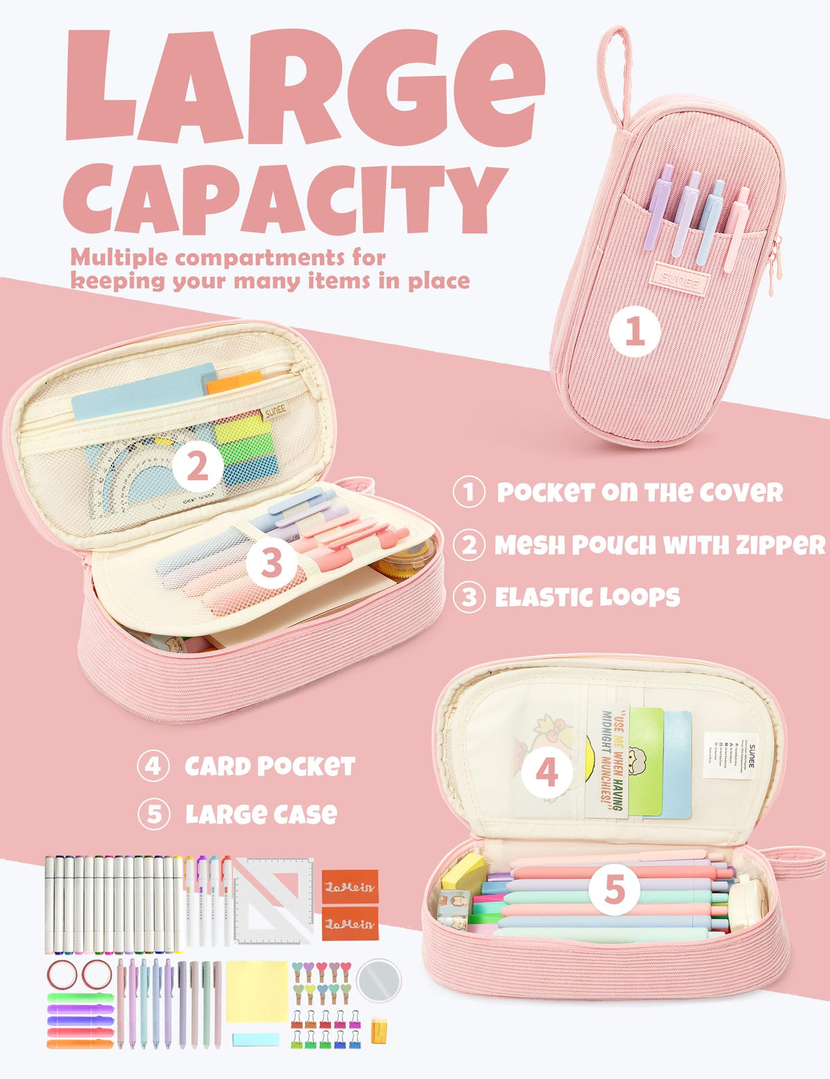 SUNEE Cute Pencil Case, Large Pencil Pouch, Aesthetic Big Pencil Bag with Zipper, Kawaii Stationery