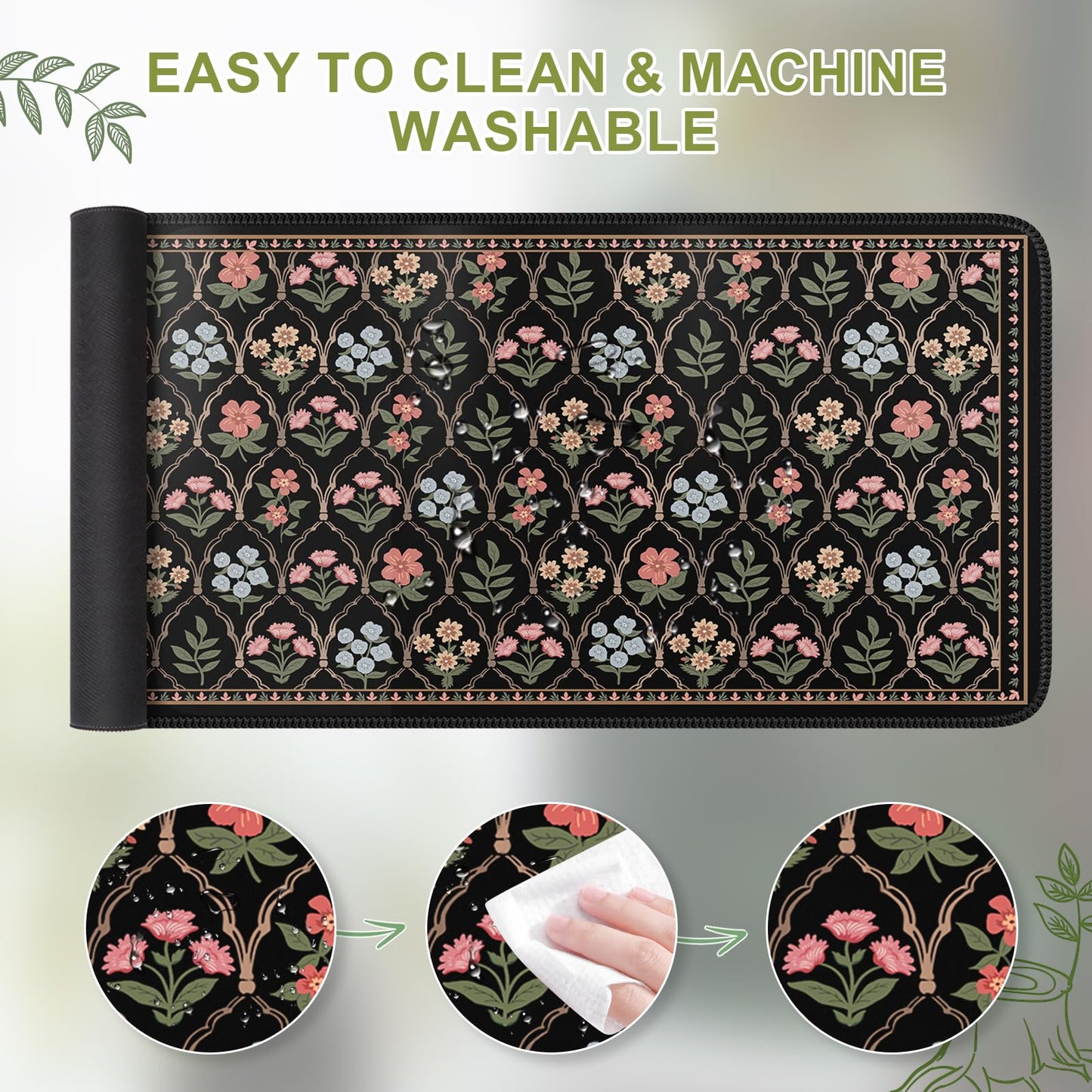 iCasso Floral Desk Pad Mat, Large Mouse Pad, Black Moroccan