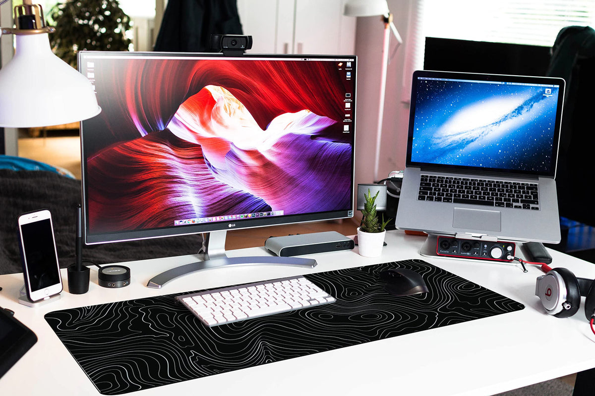 Desk Mat, Topographic Map Lines Pattern Large Desk Pad Extended Gaming Mouse Pad, 35.4 x 15.7inch