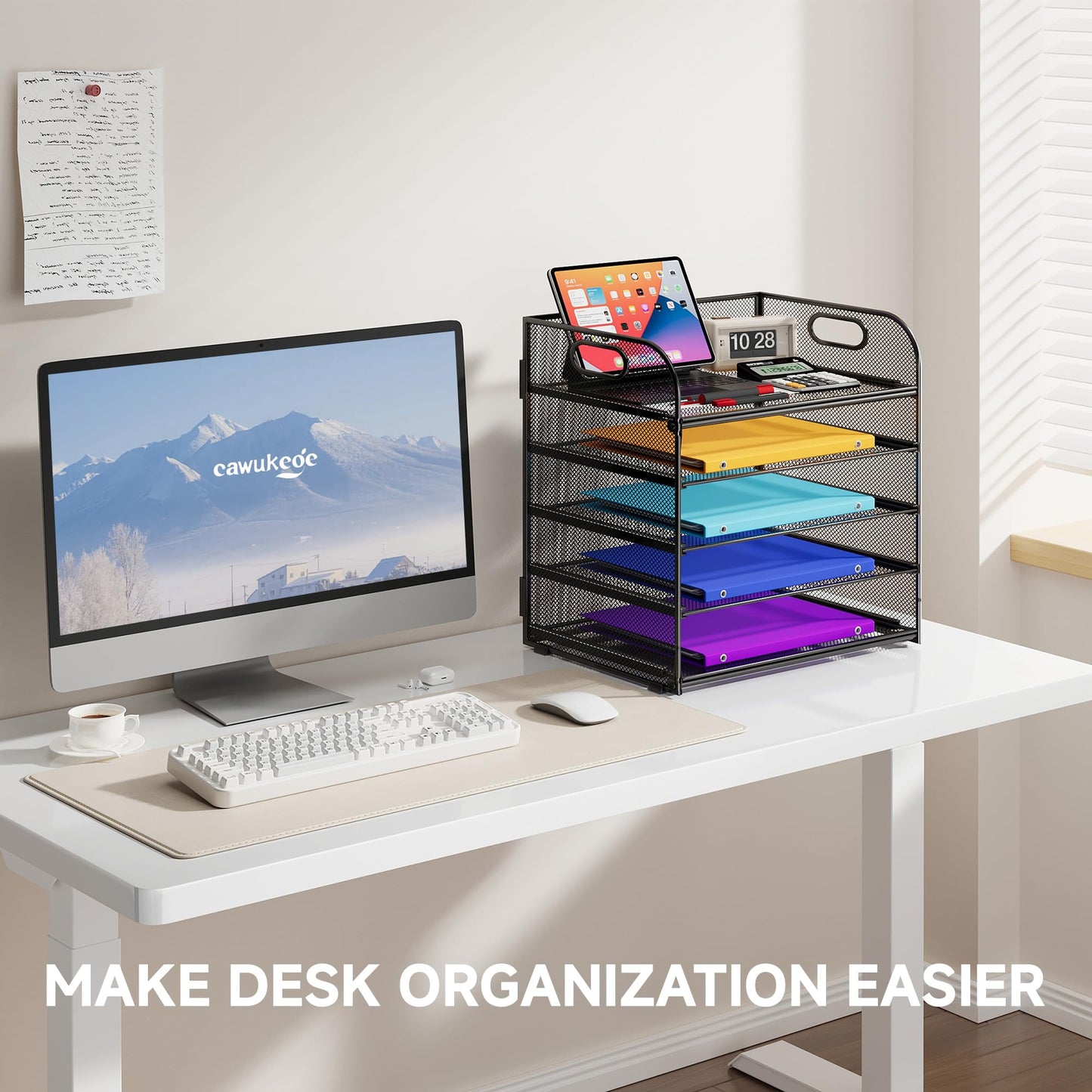 Cawukege 5 Tier Paper Organizer with Handle, Black Metal Mesh Desk Organizer File Folder Paper