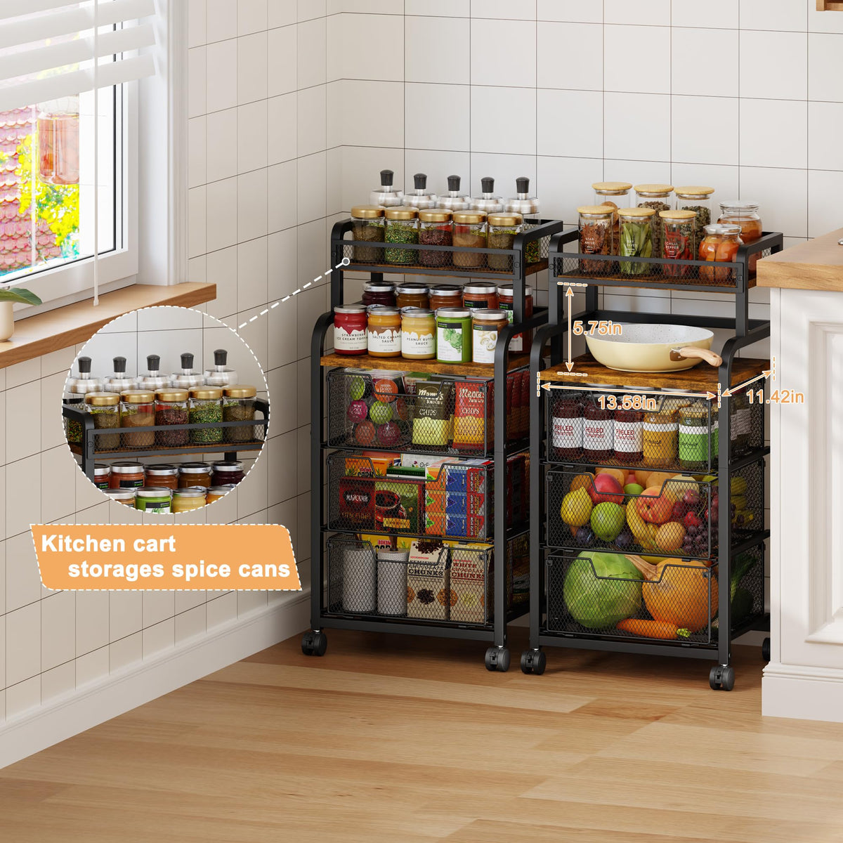 Yociyoga Fruit Vegetable Storage Cart, Kitchen Rolling Cart with Wheels, 4 Tier Pantry Organizer