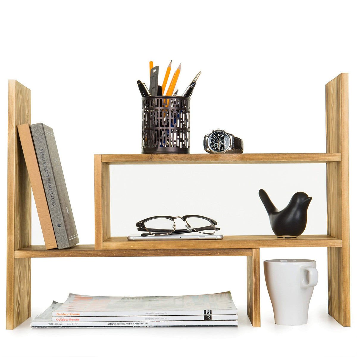 MyGift Adjustable Dark Brown Solid Wood Desktop Storage Organizer Display Shelf Book Rack, Home
