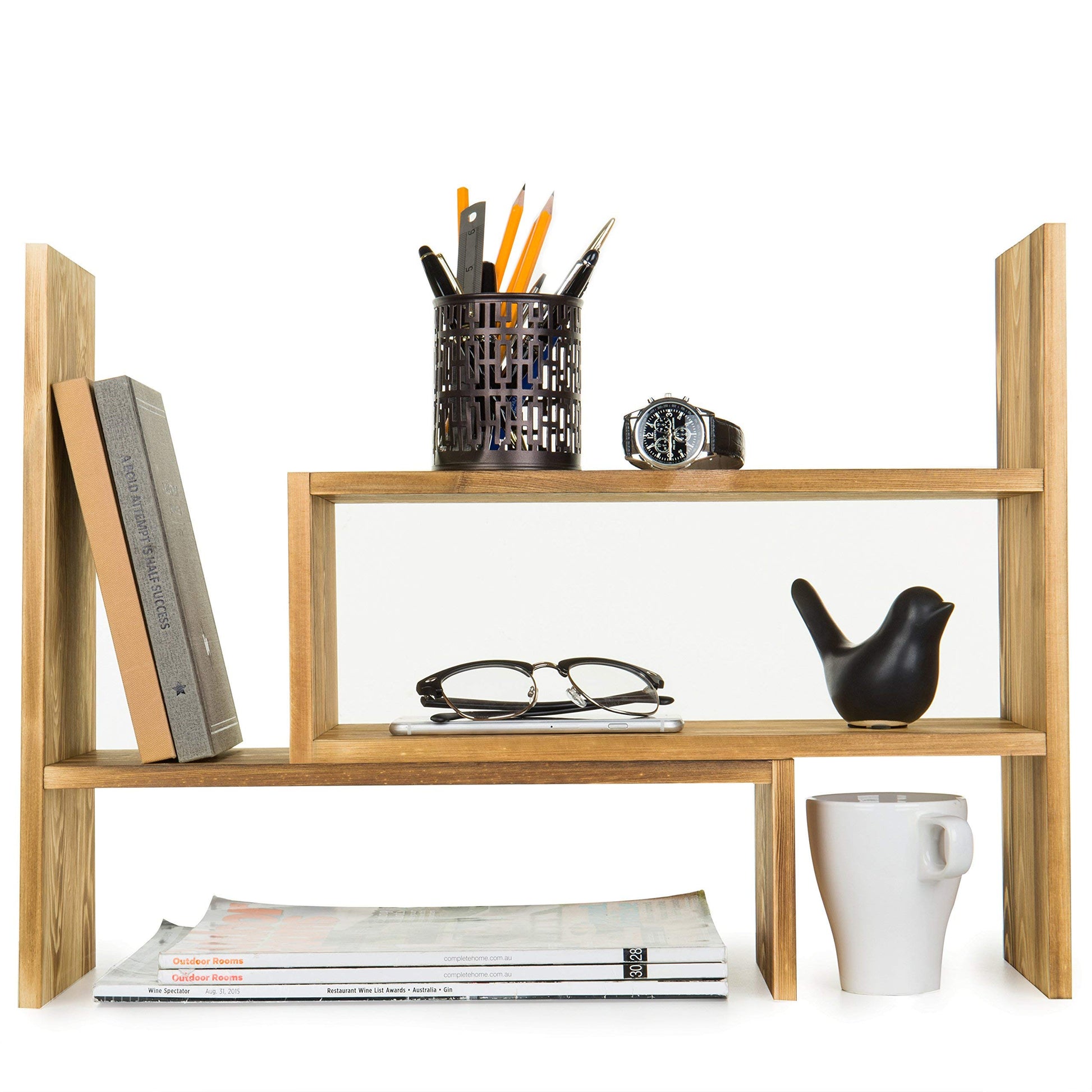 MyGift Adjustable Dark Brown Solid Wood Desktop Storage Organizer Display Shelf Book Rack, Home