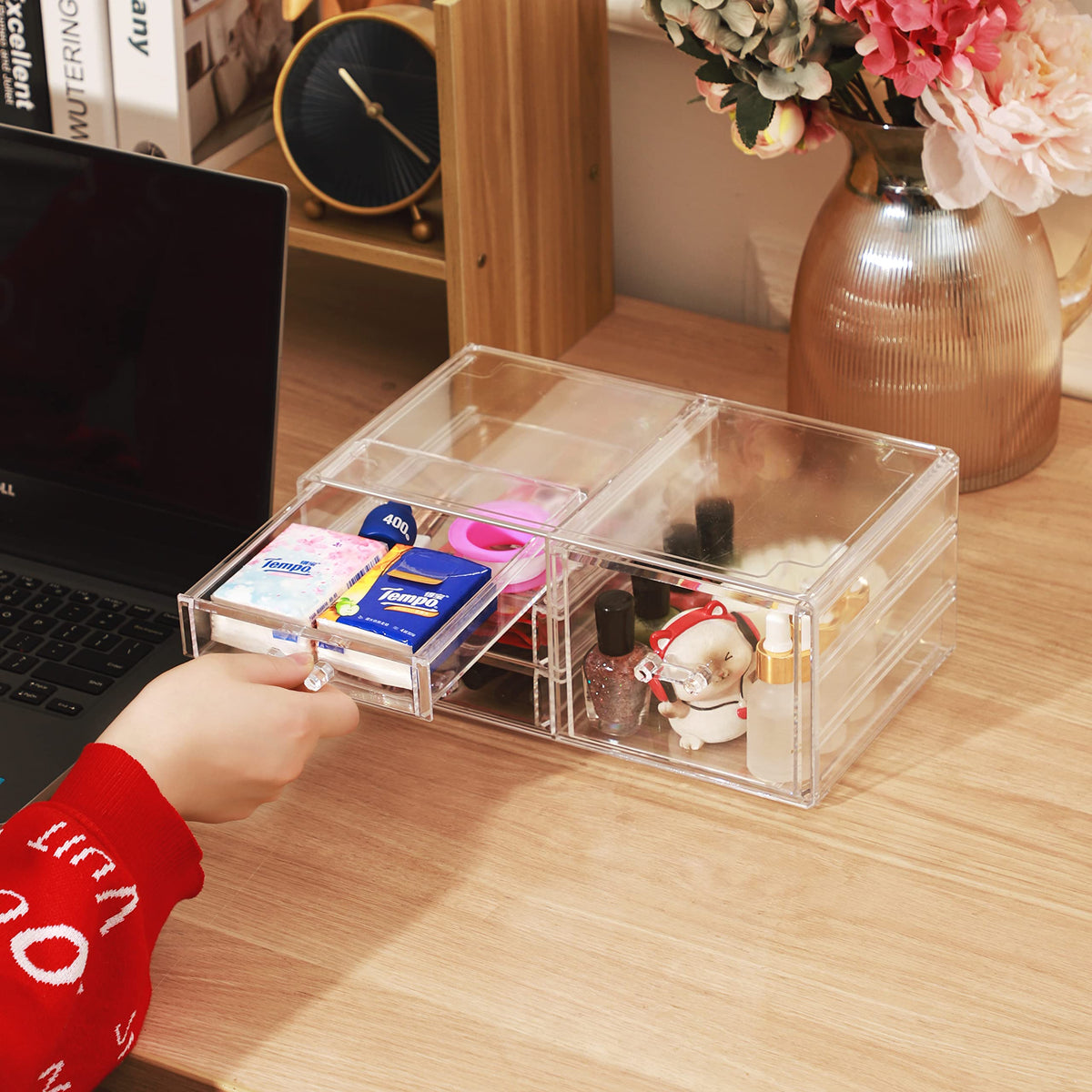 Cq acrylic Clear Stackable Storage Bins,Plastic Storage Organizer and Small Drawer Organizer With 4