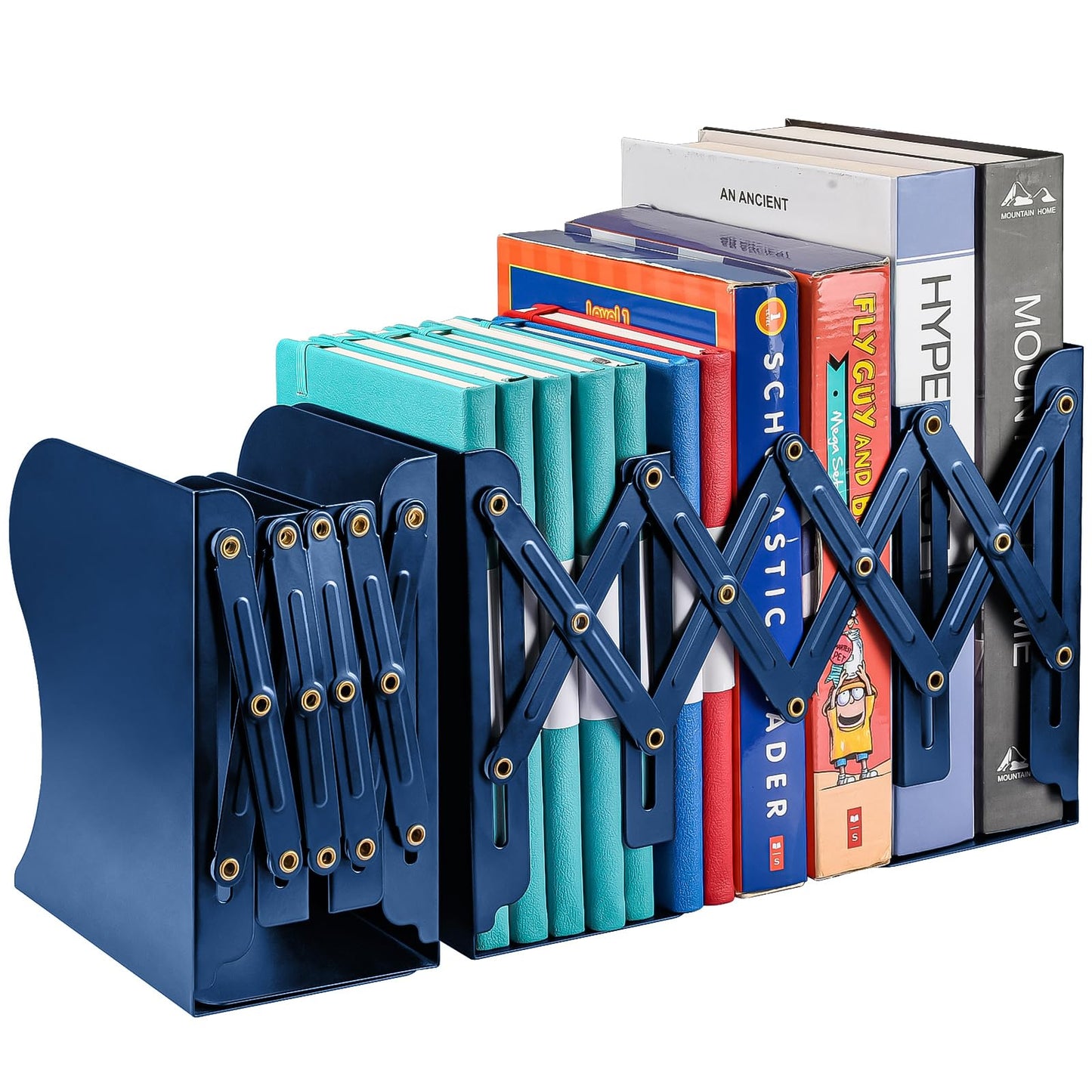 2 Pack Adjustable Metal Book Ends for Heavy Books, Extends Up to 19", Blue